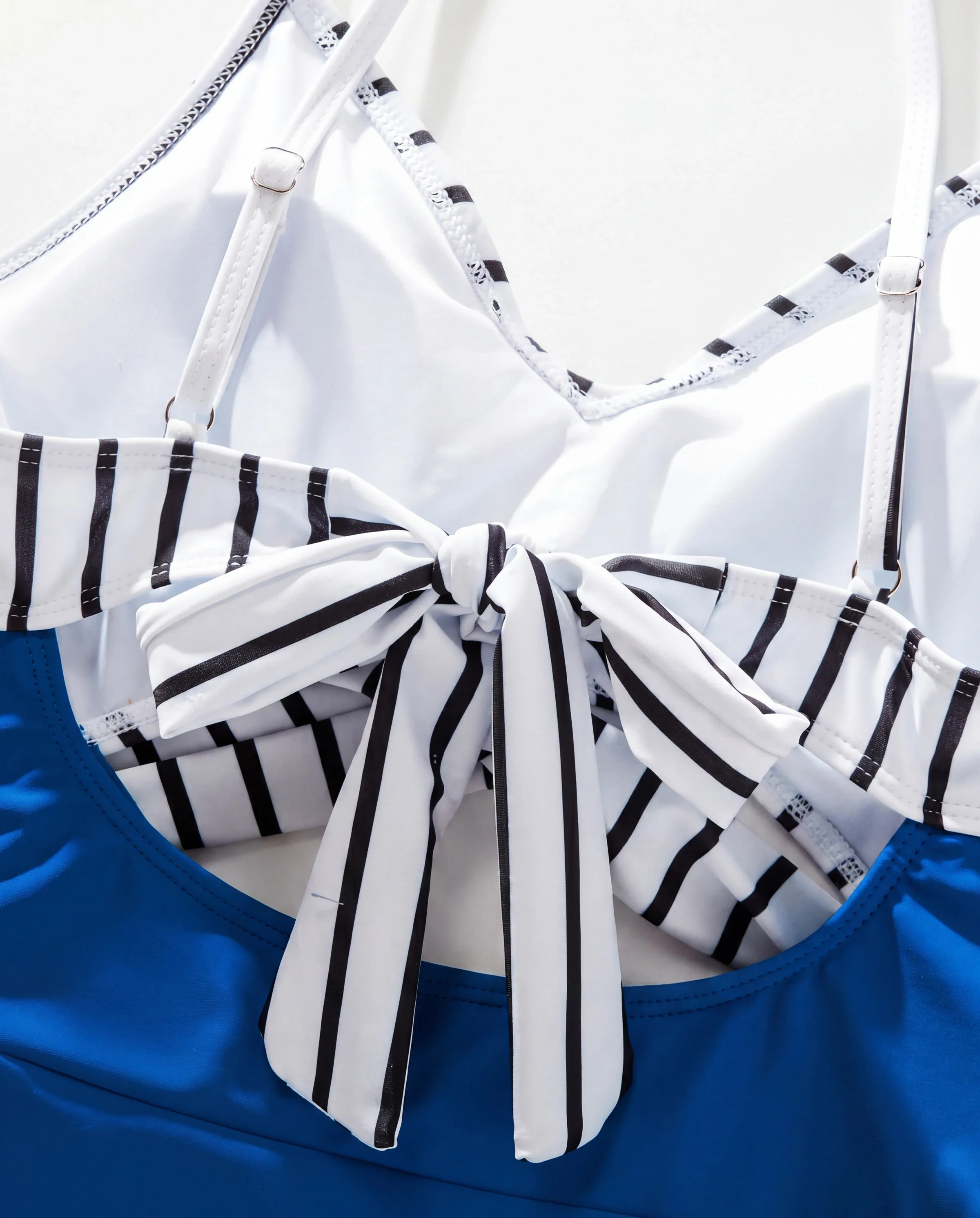 Matching Family Swimsuit Colorblock Drawstring Swim Trunks or Striped Blue Spliced Tankini with Cross-Front, Tie-Back, and Thin Straps Color block - Image 7