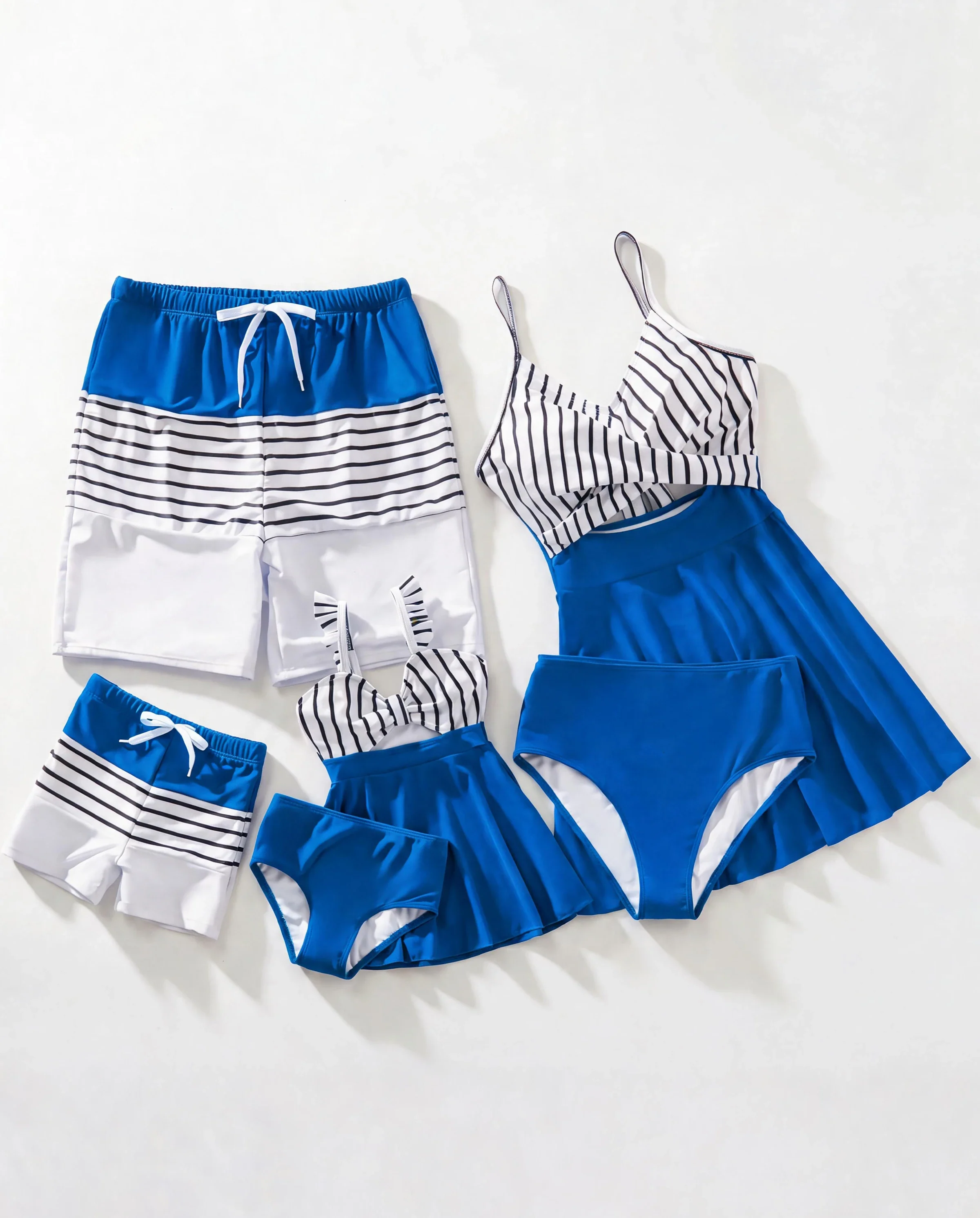 Matching Family Swimsuit Colorblock Drawstring Swim Trunks or Striped Blue Spliced Tankini with Cross-Front, Tie-Back, and Thin Straps Color block - Image 9