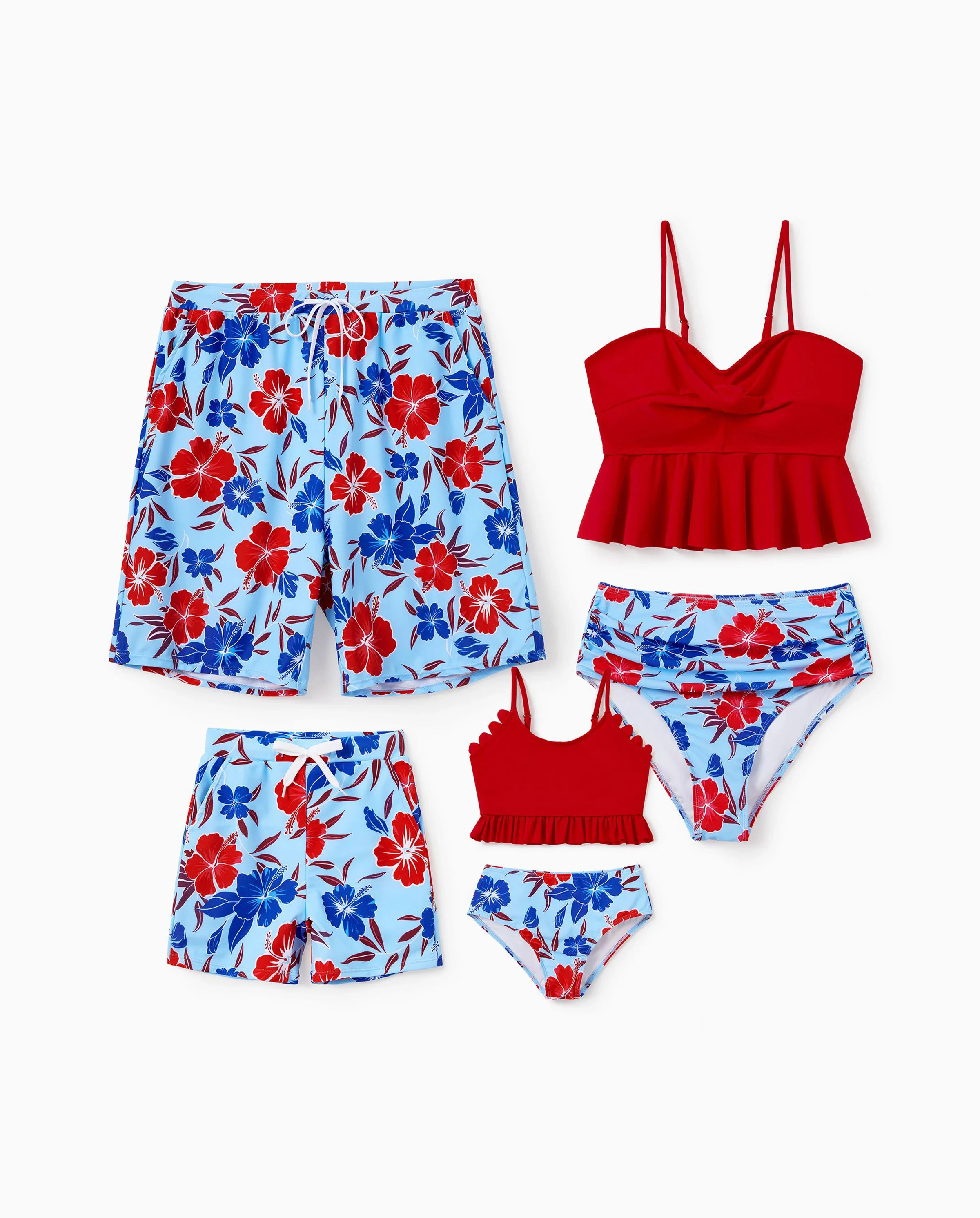 Matching Family Swimwear Floral Print Bikini & Swim Trunks Set for Mom, Dad, & Kids, Perfect for Summer Beach Days & Pool Parties Red - Image 9