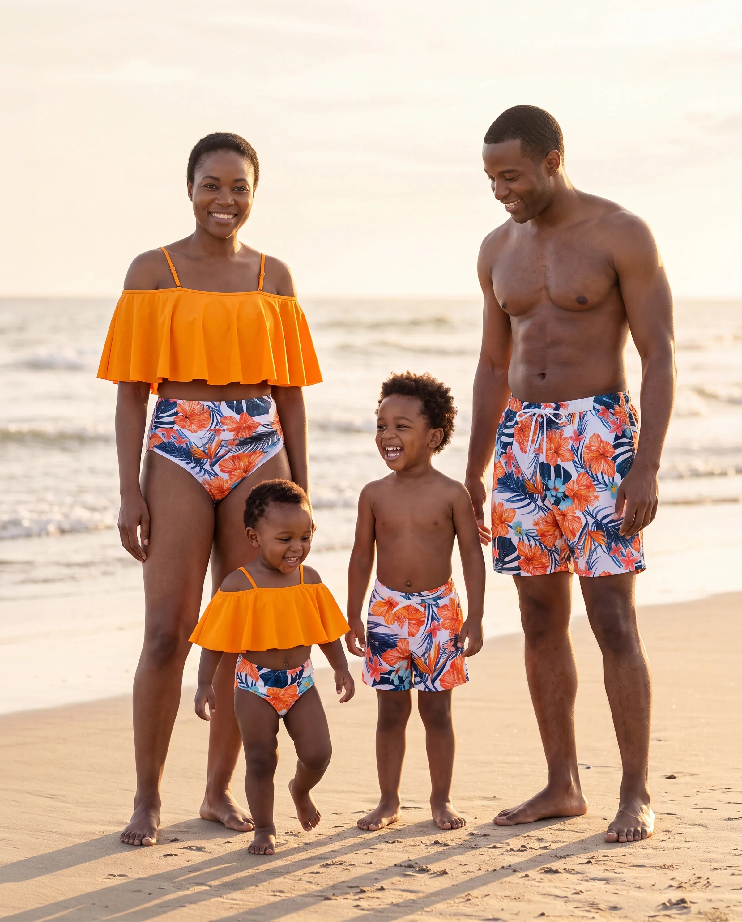 Matching Family Swimwear Tropical Floral Bikini Set with Ruffle Top for Mom & Daughter, Board Shorts for Dad & Son, Bright Summer Beach Outfits Orange - Image 10