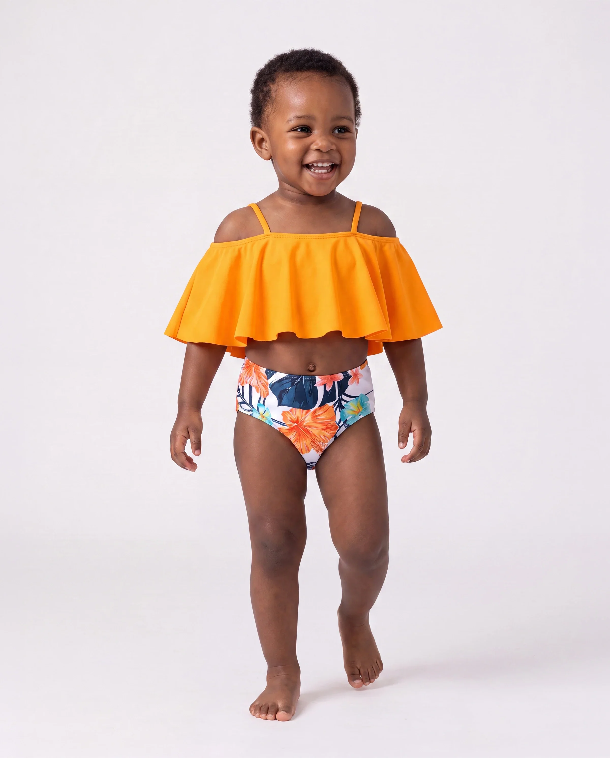 Matching Family Swimwear Tropical Floral Bikini Set with Ruffle Top for Mom & Daughter, Board Shorts for Dad & Son, Bright Summer Beach Outfits Orange - Image 3