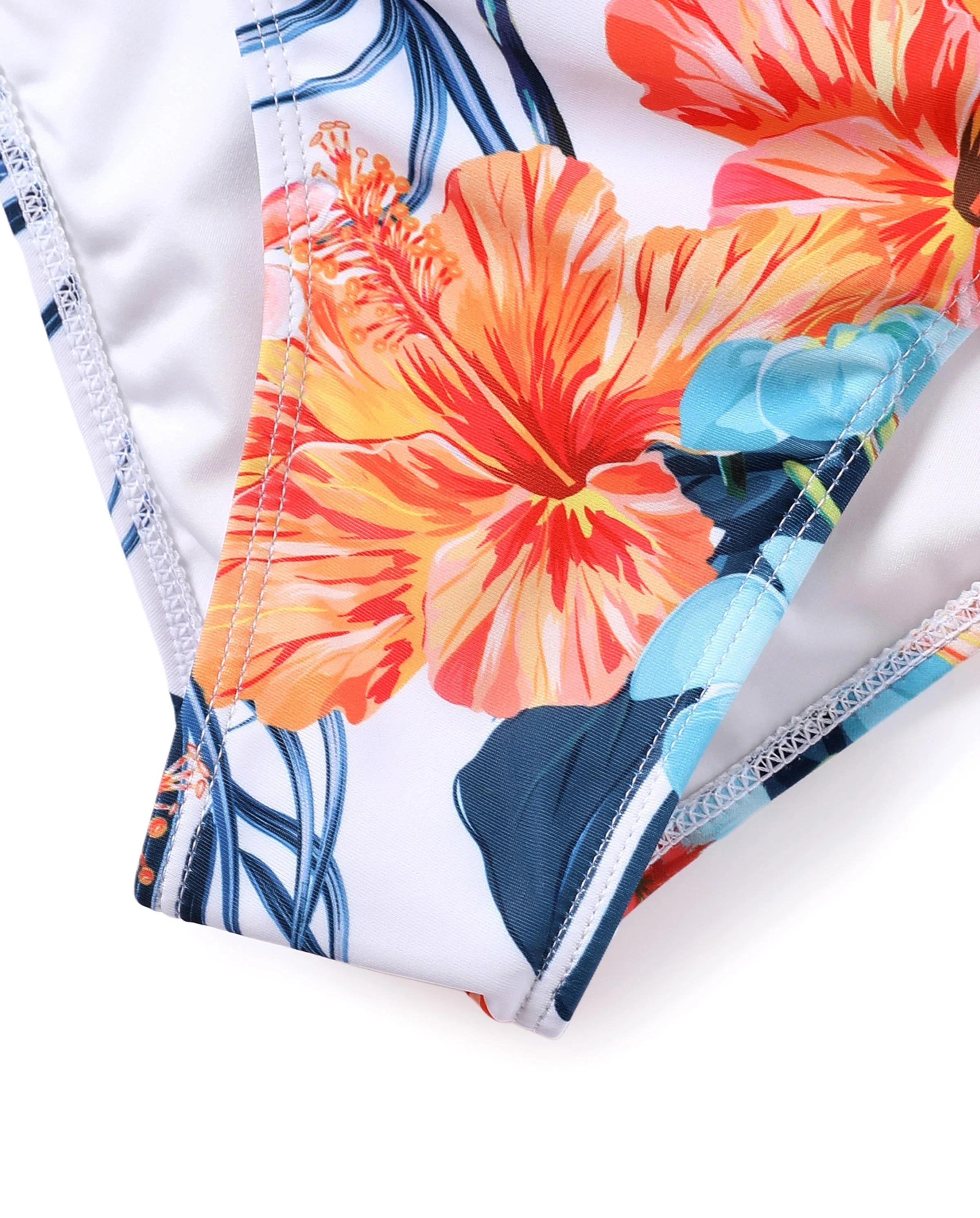 Matching Family Swimwear Tropical Floral Bikini Set with Ruffle Top for Mom & Daughter, Board Shorts for Dad & Son, Bright Summer Beach Outfits Orange - Image 7