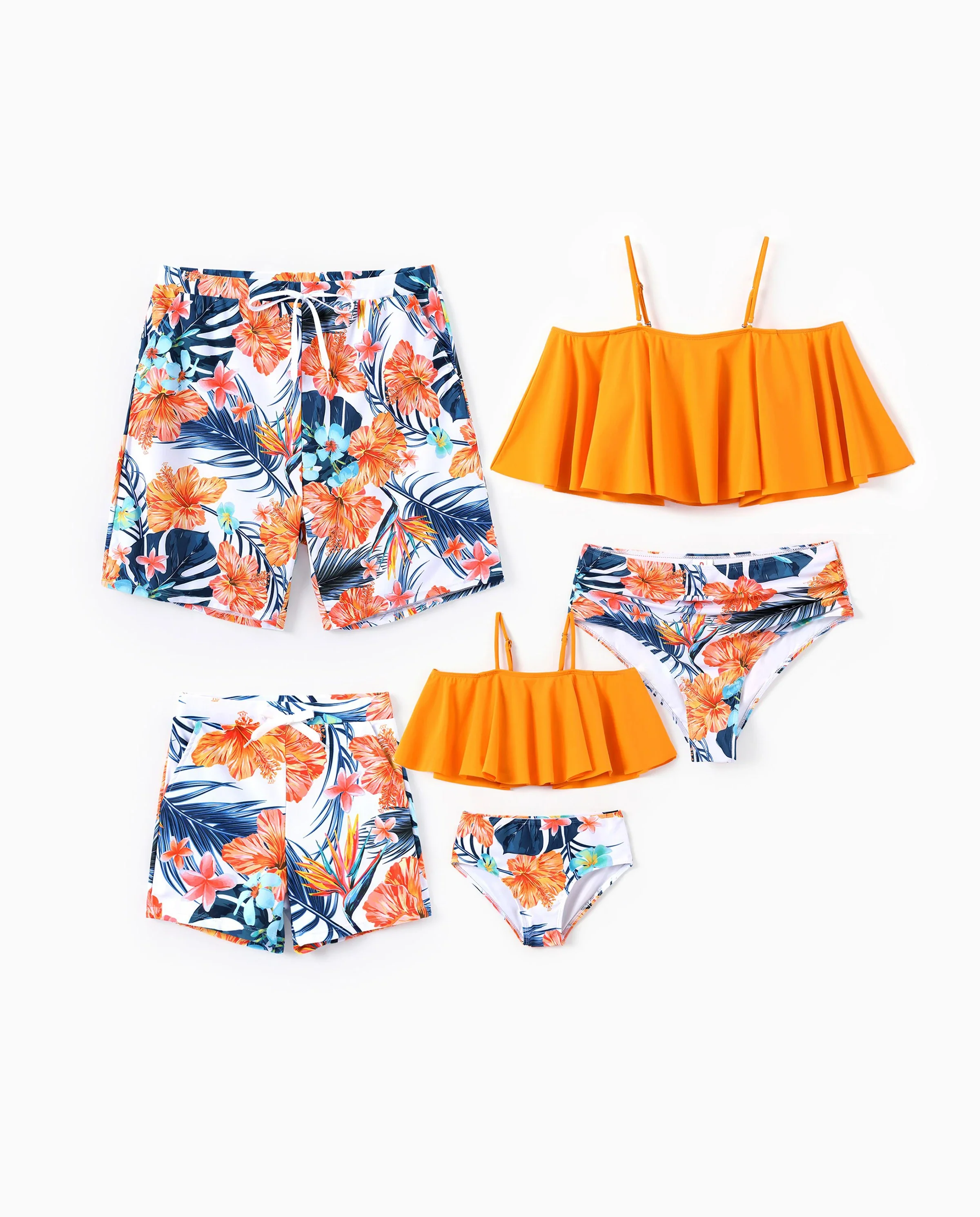 Matching Family Swimwear Tropical Floral Bikini Set with Ruffle Top for Mom & Daughter, Board Shorts for Dad & Son, Bright Summer Beach Outfits Orange - Image 9