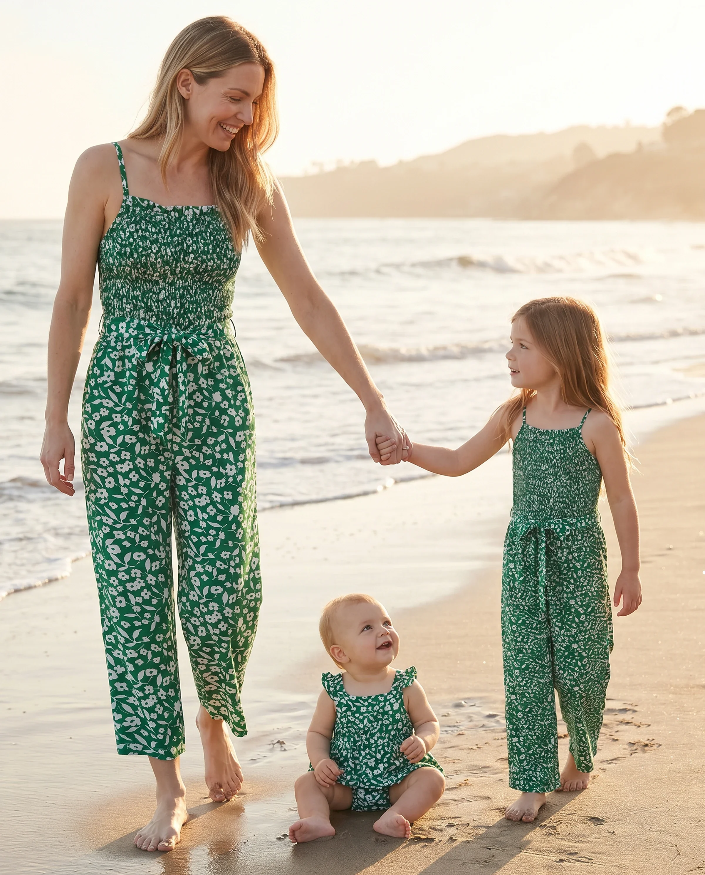 Matching Floral Print Green Smocked Strap Jumpsuits for Mommy and Me Green - Image 9