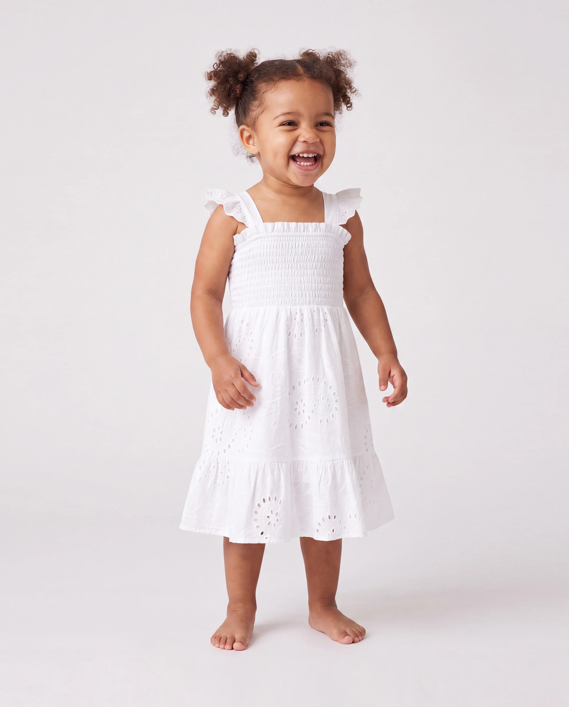 Matching Mom & Me Cotton Dress Eyelet Smocked Dresses with Ruffled Straps, Perfect for Summer Outings & Family Photos White - Image 3