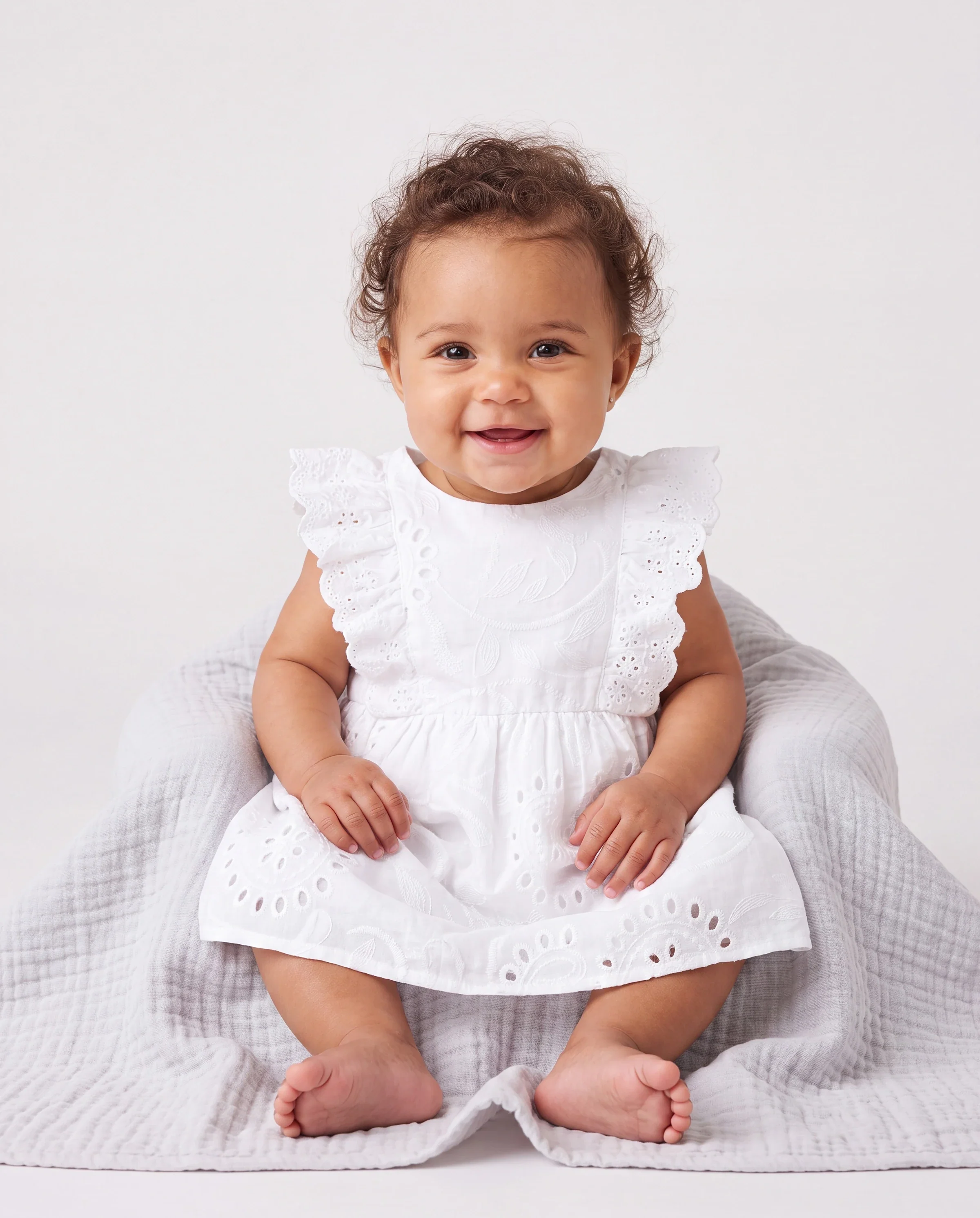Matching Mom & Me Cotton Dress Eyelet Smocked Dresses with Ruffled Straps, Perfect for Summer Outings & Family Photos White - Image 4
