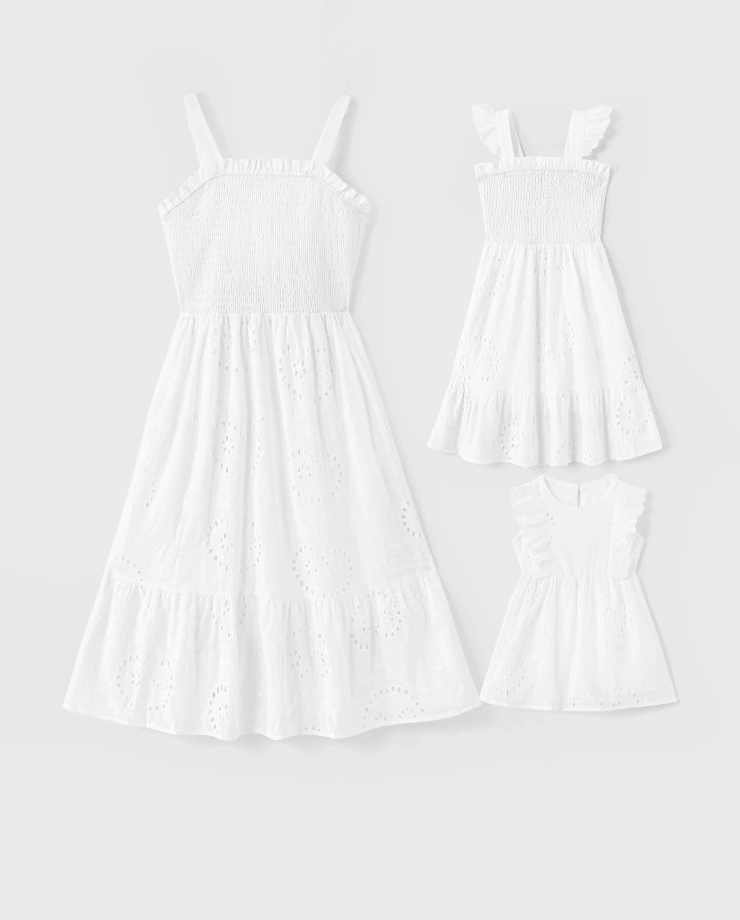Matching Mom & Me Cotton Dress Eyelet Smocked Dresses with Ruffled Straps, Perfect for Summer Outings & Family Photos White - Image 8