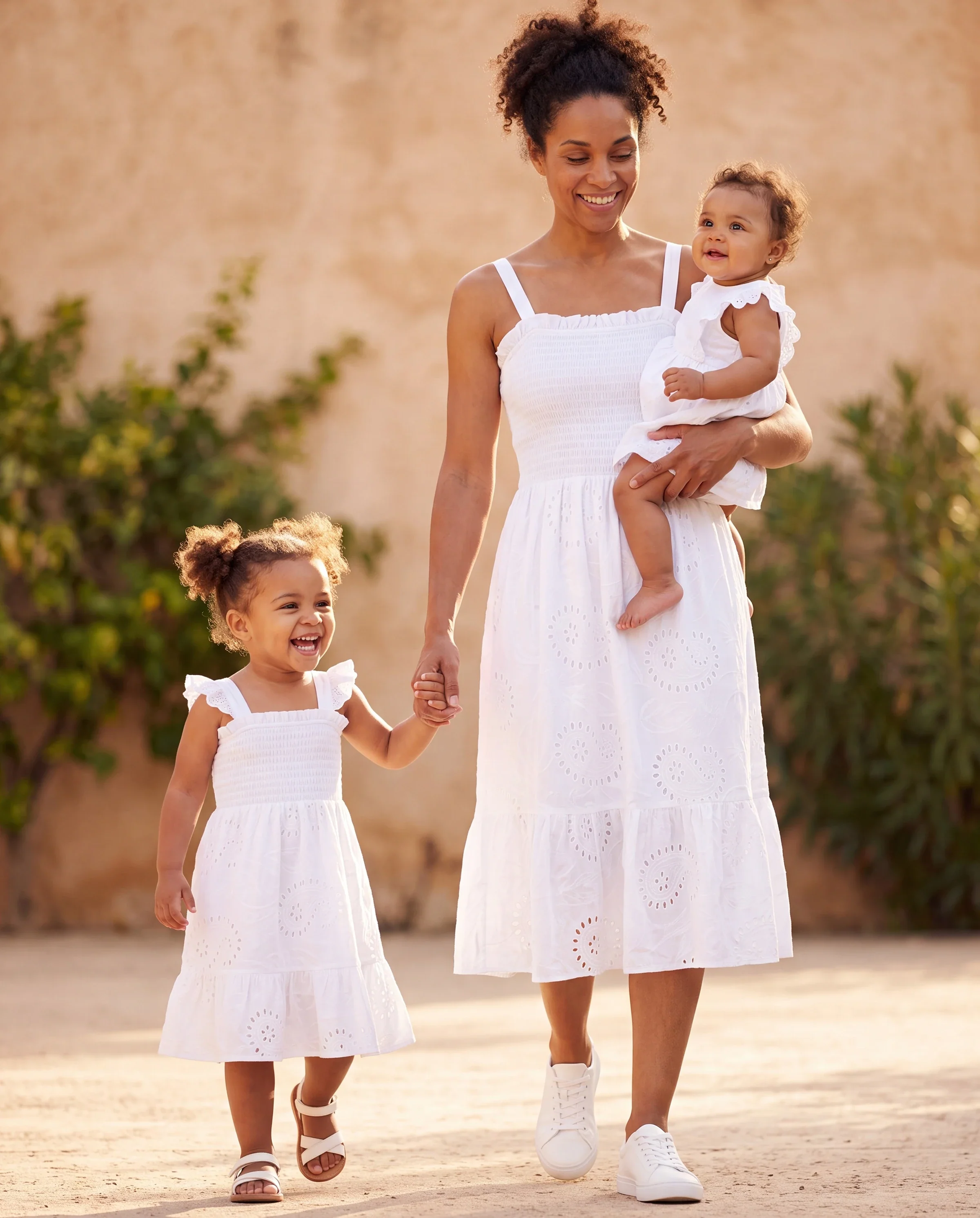 Matching Mom & Me Cotton Dress Eyelet Smocked Dresses with Ruffled Straps, Perfect for Summer Outings & Family Photos White - Image 9