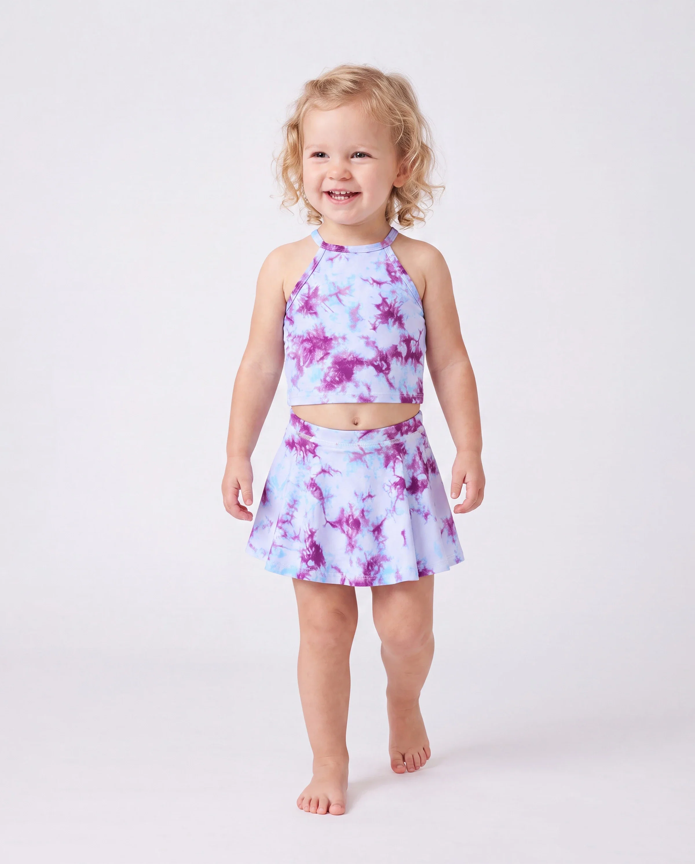 Matching Mommy and Me Tie Dye Skirt Set Halter Crop Top & Flowy Skirt Outfit, Cute Summer Twinning Looks for Vacation & Photos Purple - Image 3