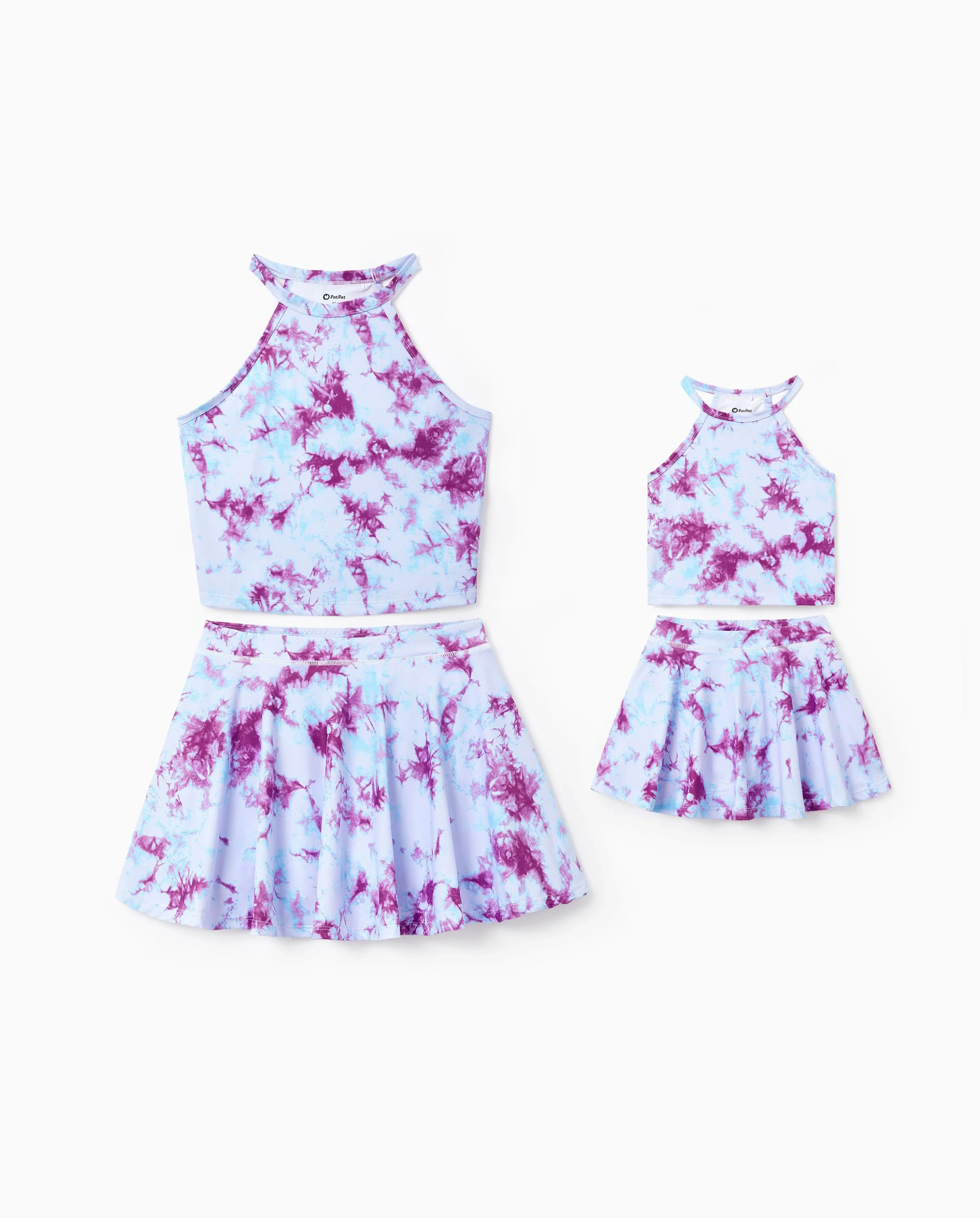 Matching Mommy and Me Tie Dye Skirt Set Halter Crop Top & Flowy Skirt Outfit, Cute Summer Twinning Looks for Vacation & Photos Purple - Image 7