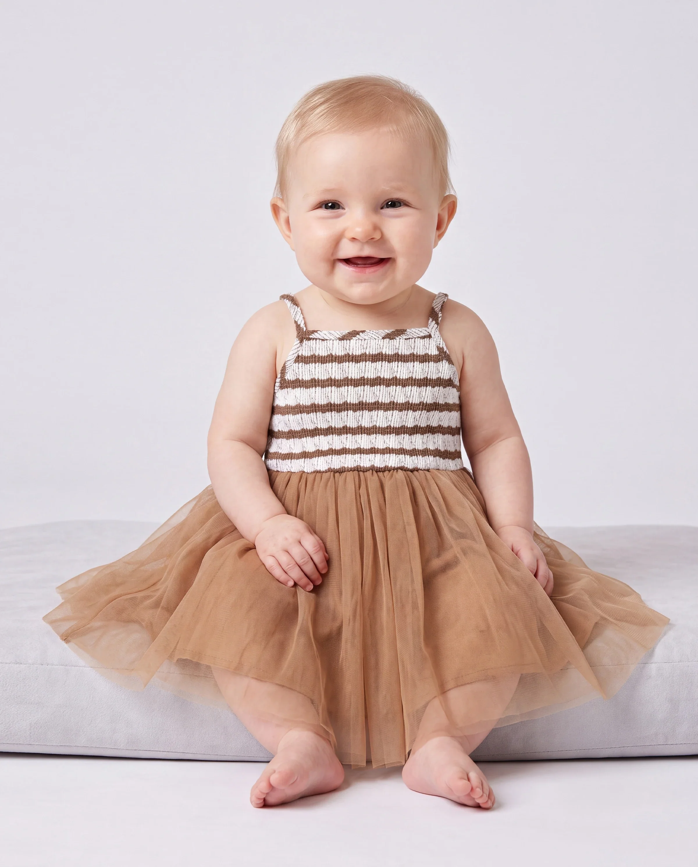 Matching Striped Dresses for Mommy & Me Twist-Front Dress with Tulle Skirt, Perfect for Summer Family Outings & Photos Khaki - Image 4