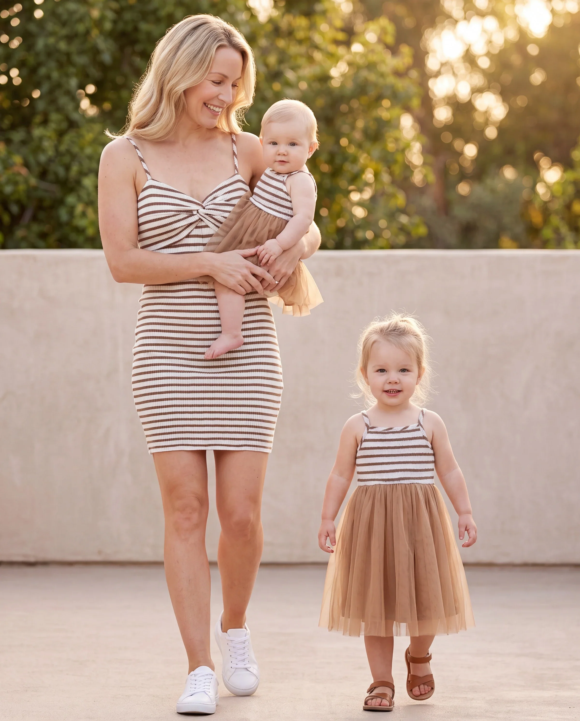 Matching Striped Dresses for Mommy & Me Twist-Front Dress with Tulle Skirt, Perfect for Summer Family Outings & Photos Khaki - Image 9