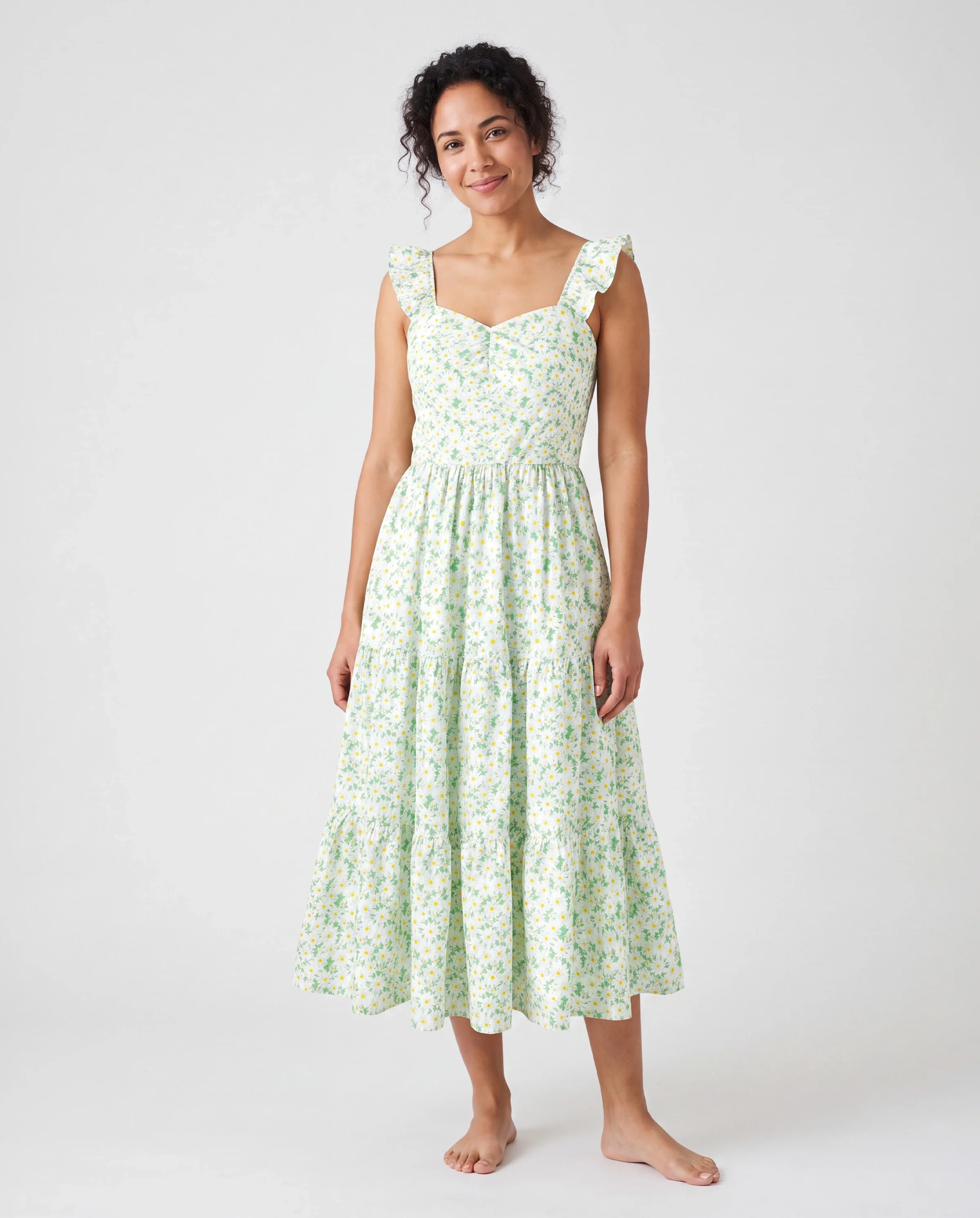 Mommy and Me Floral Dress with Flutter Sleeves Light Green Daisy Print Pale Green - Image 2
