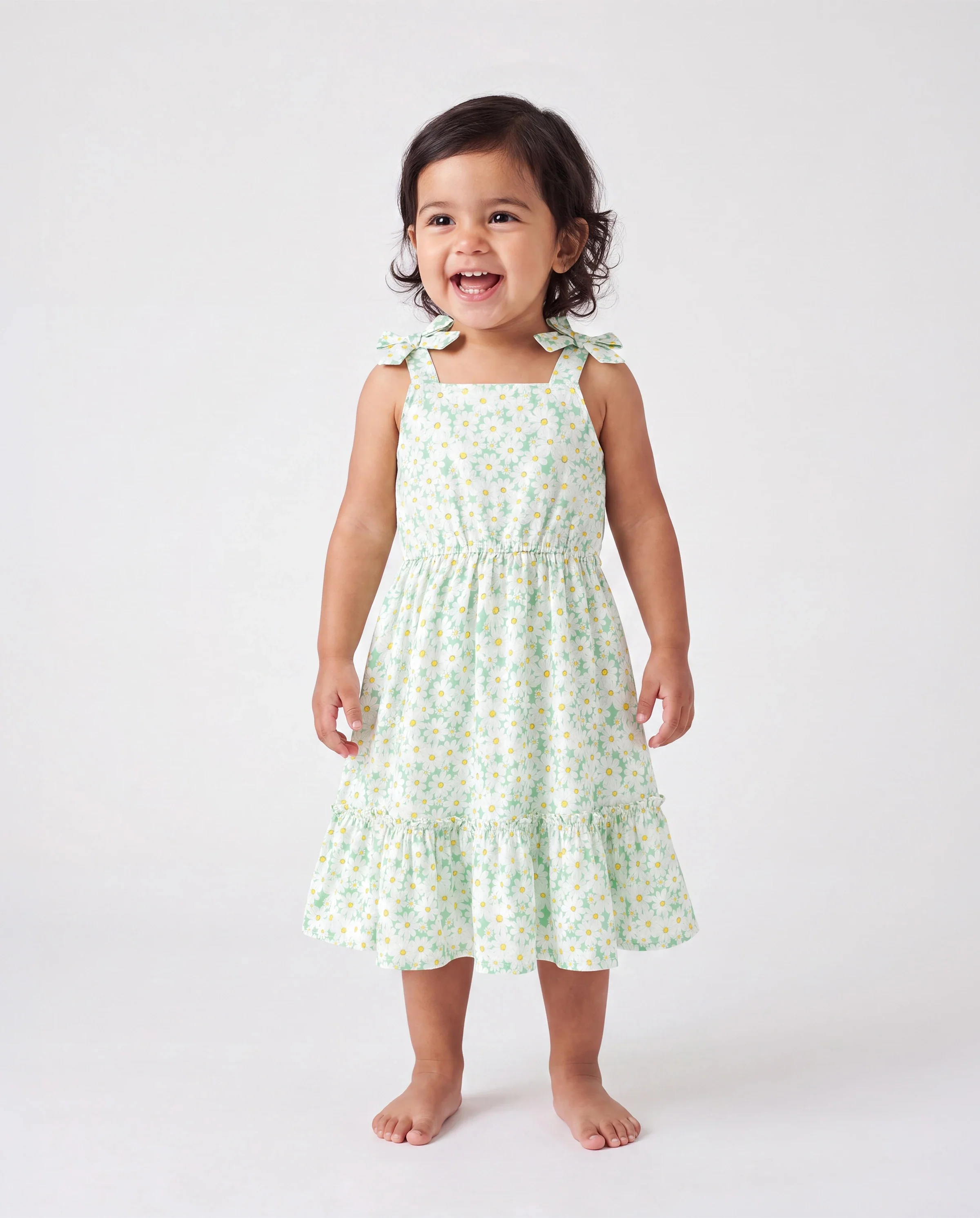 Mommy and Me Floral Dress with Flutter Sleeves Light Green Daisy Print Pale Green - Image 3