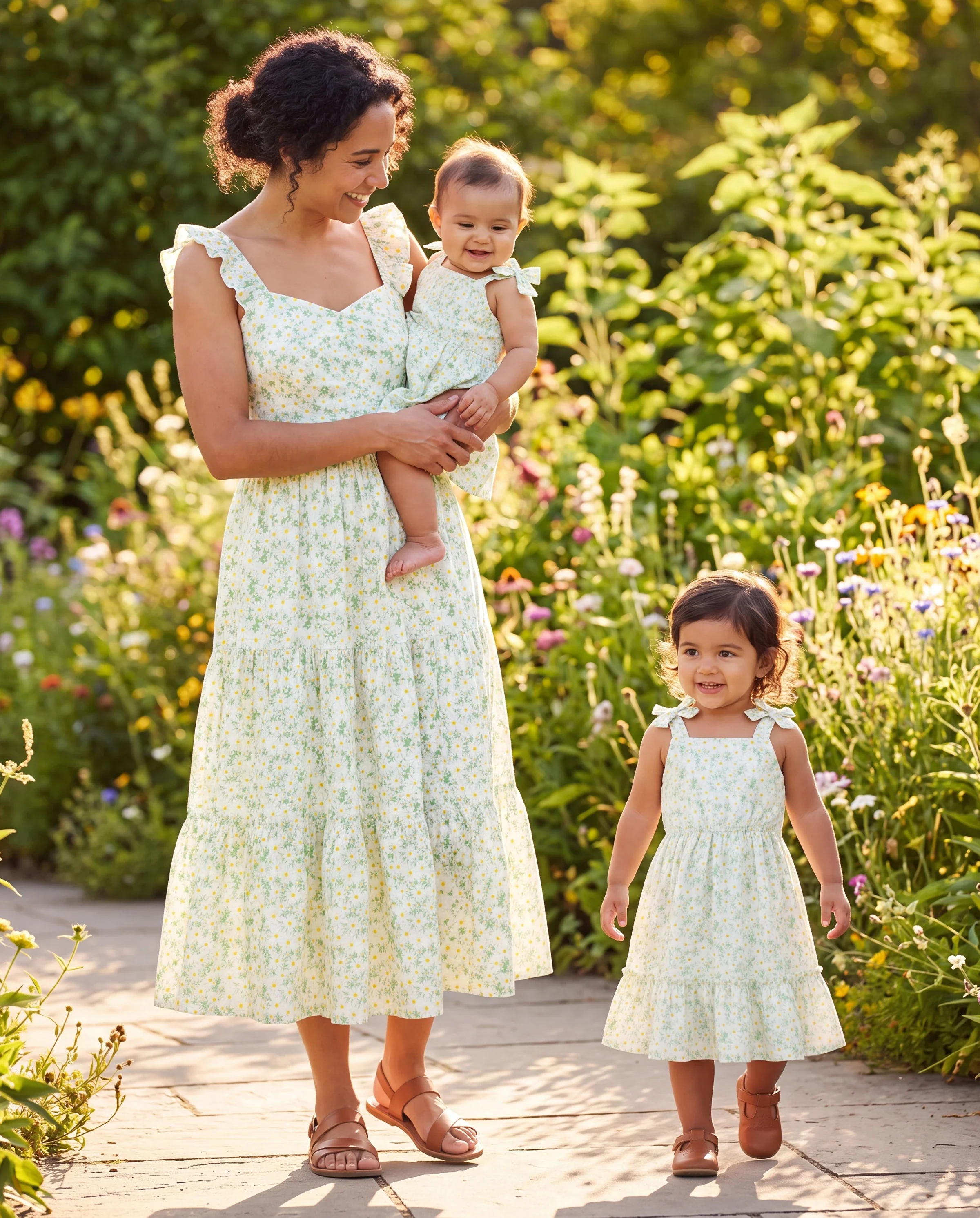 Mommy and Me Floral Dress with Flutter Sleeves Light Green Daisy Print Pale Green - Image 9