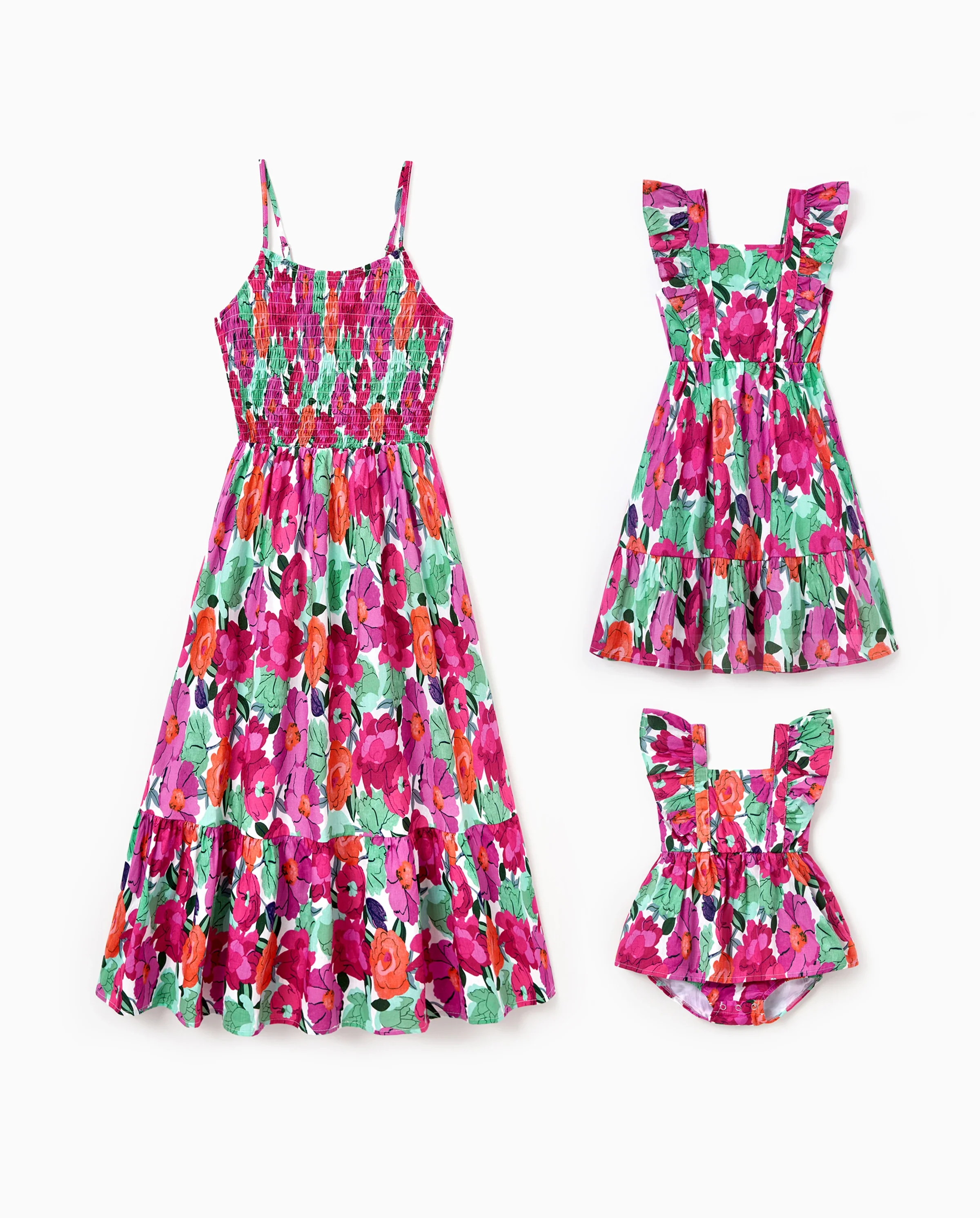 Mom & Me Matching Cotton Vacation Dresses Floral Smocked Dresses with Ruffle Straps for Summer Family Outings & Photos Multi-color - Image 8