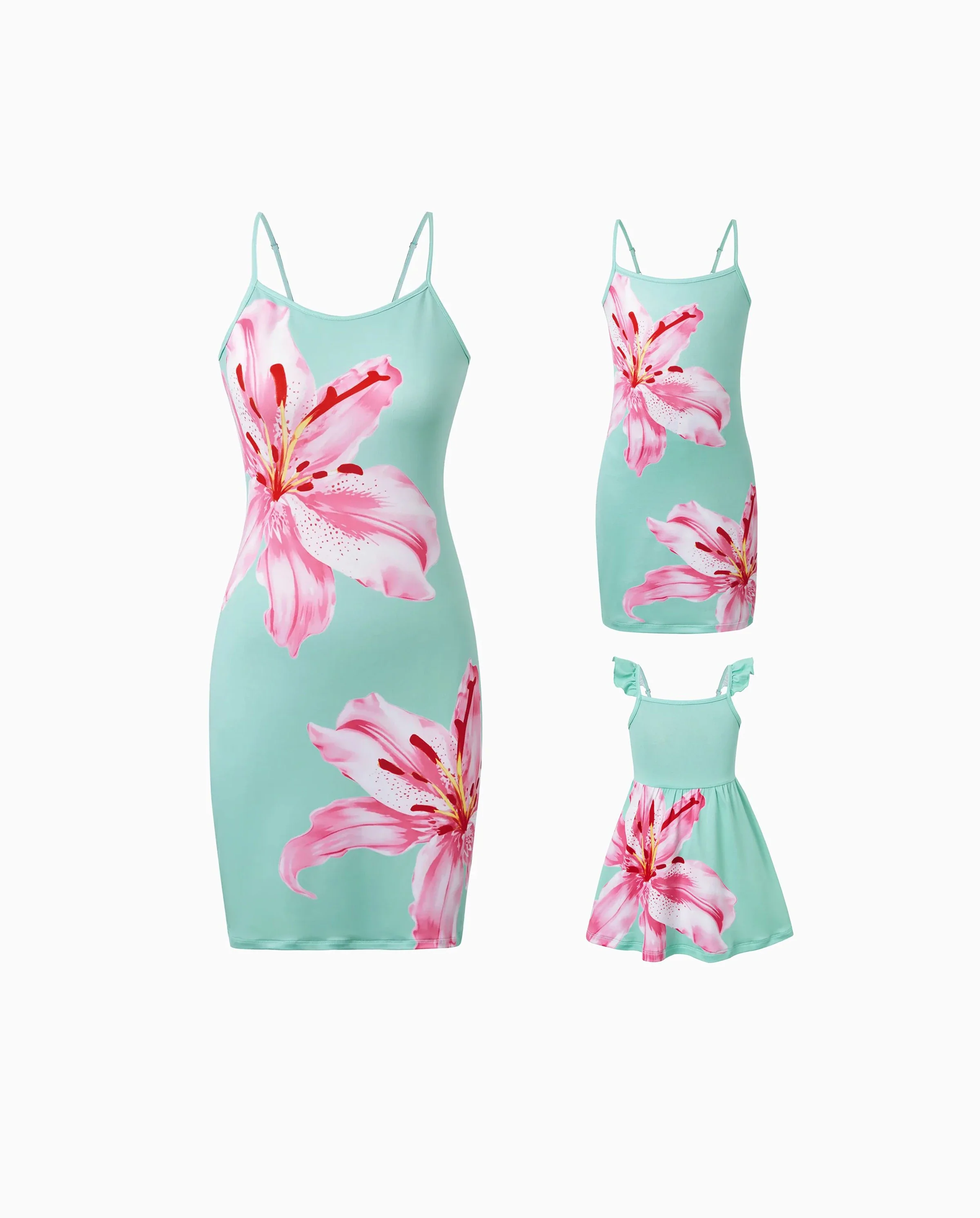 Mommy and Me Casual Flower Print Sleeveless Strappy Dresses Light Green - Image 8