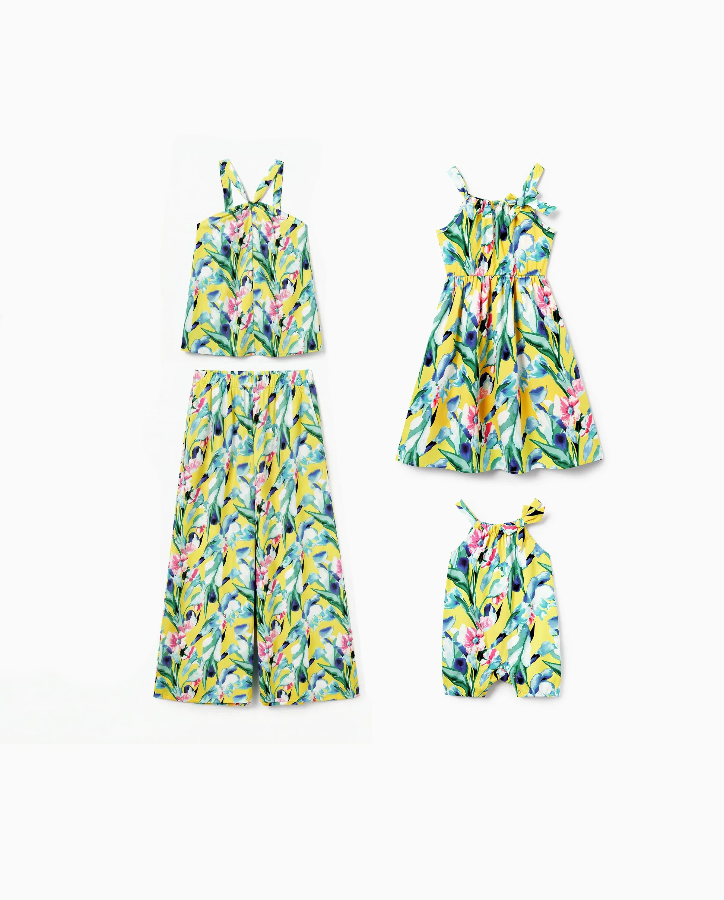 Mommy and Me Casual Outfits Floral Print Camisole Top and Wide-leg Pants Set for Mom Strappy Dress for girl, Bodysuit for Baby Girl Yellow - Image 8