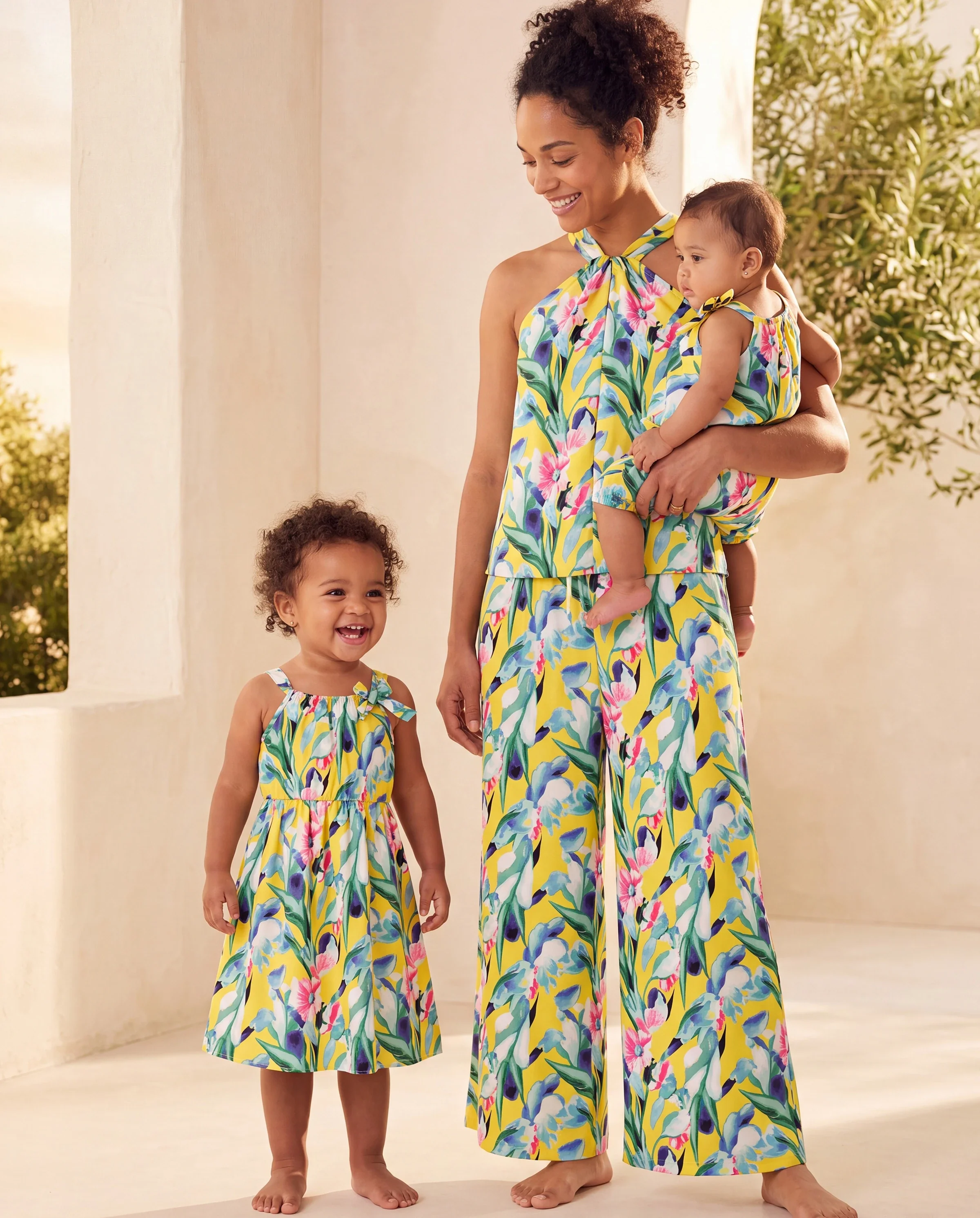 Mommy and Me Casual Outfits Floral Print Camisole Top and Wide-leg Pants Set for Mom Strappy Dress for girl, Bodysuit for Baby Girl Yellow - Image 9