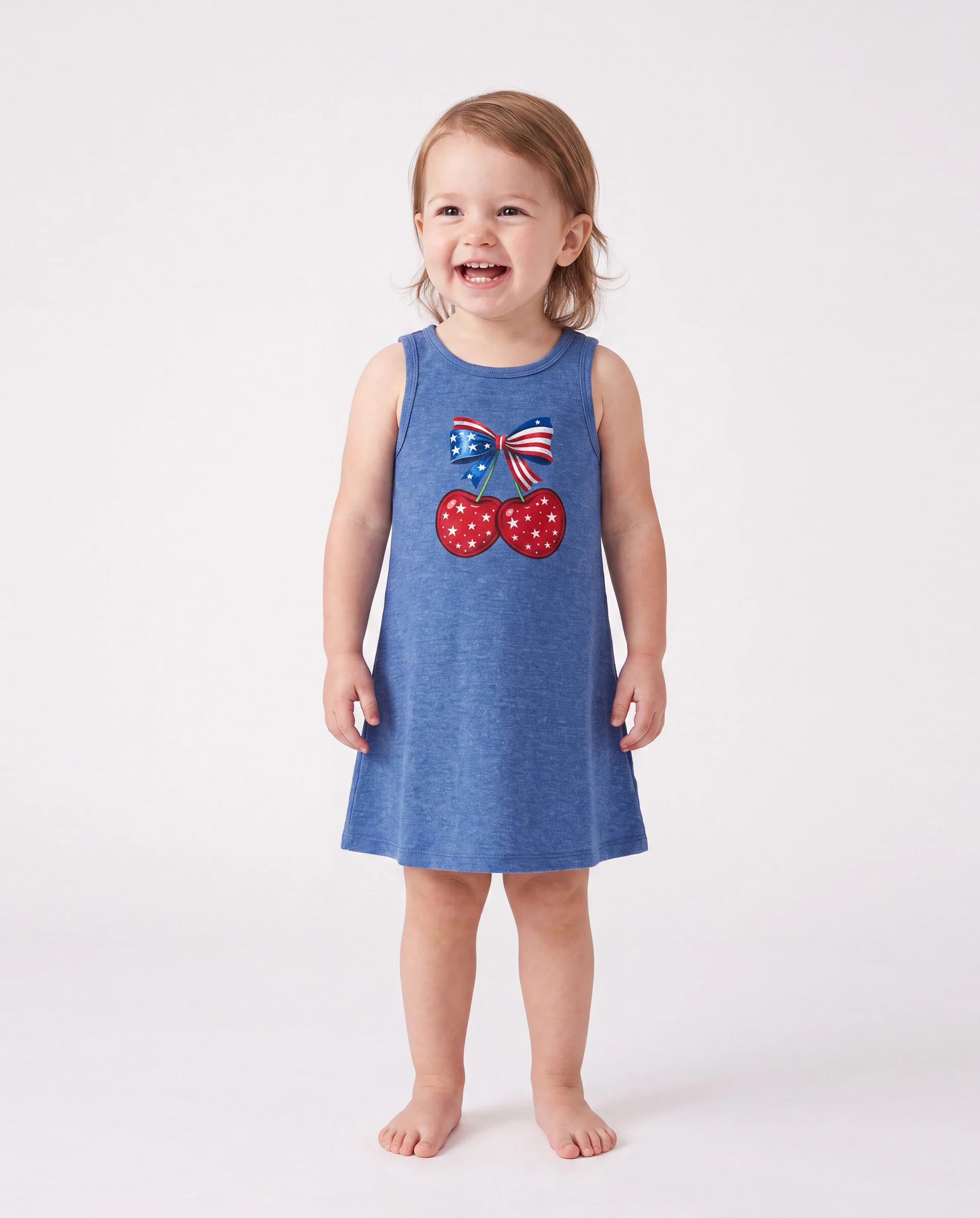 Independence Day Mommy and Me Patriotic Cherry Print Casual Sleeveless Dress Blue - Image 3