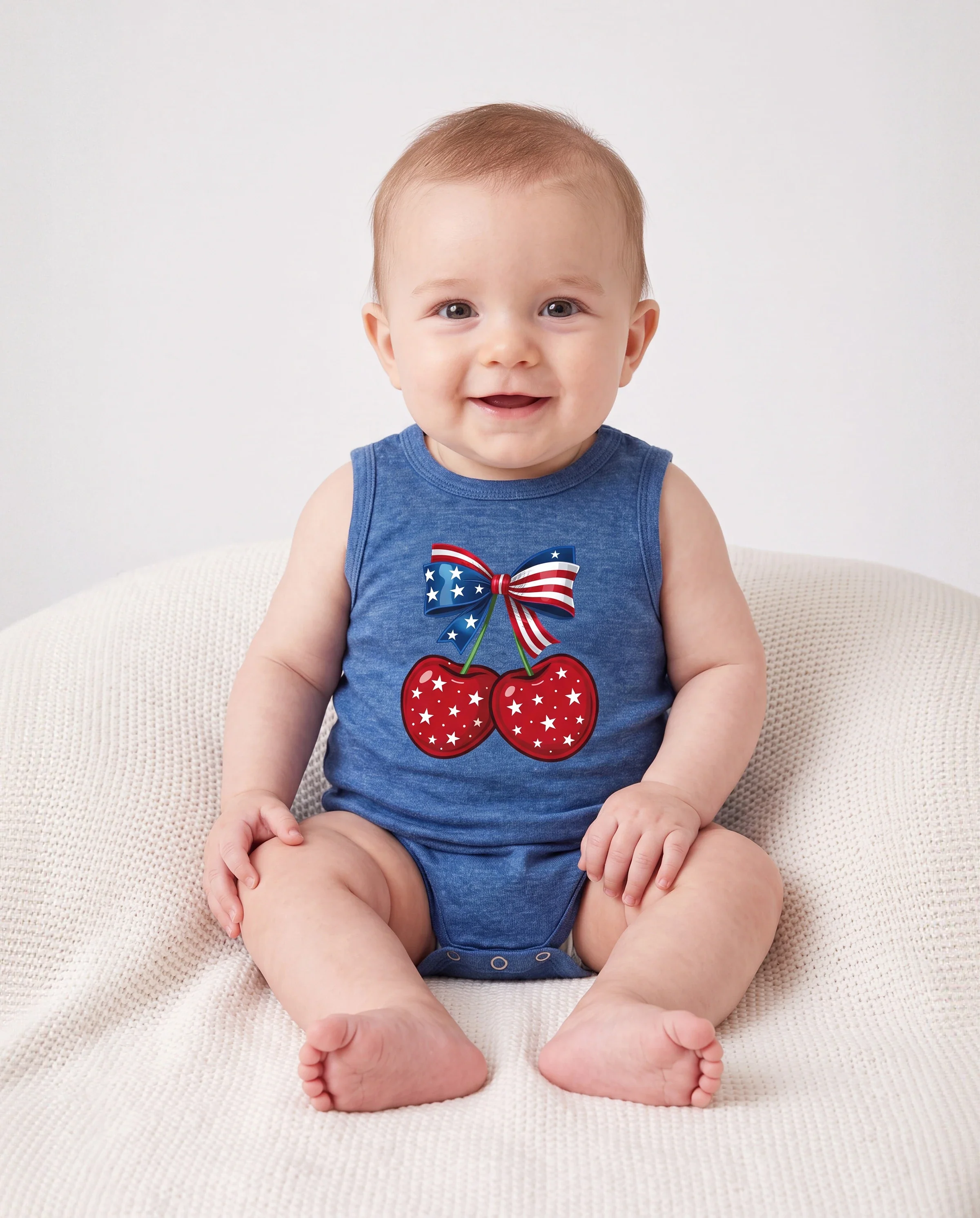 Independence Day Mommy and Me Patriotic Cherry Print Casual Sleeveless Dress Blue - Image 4