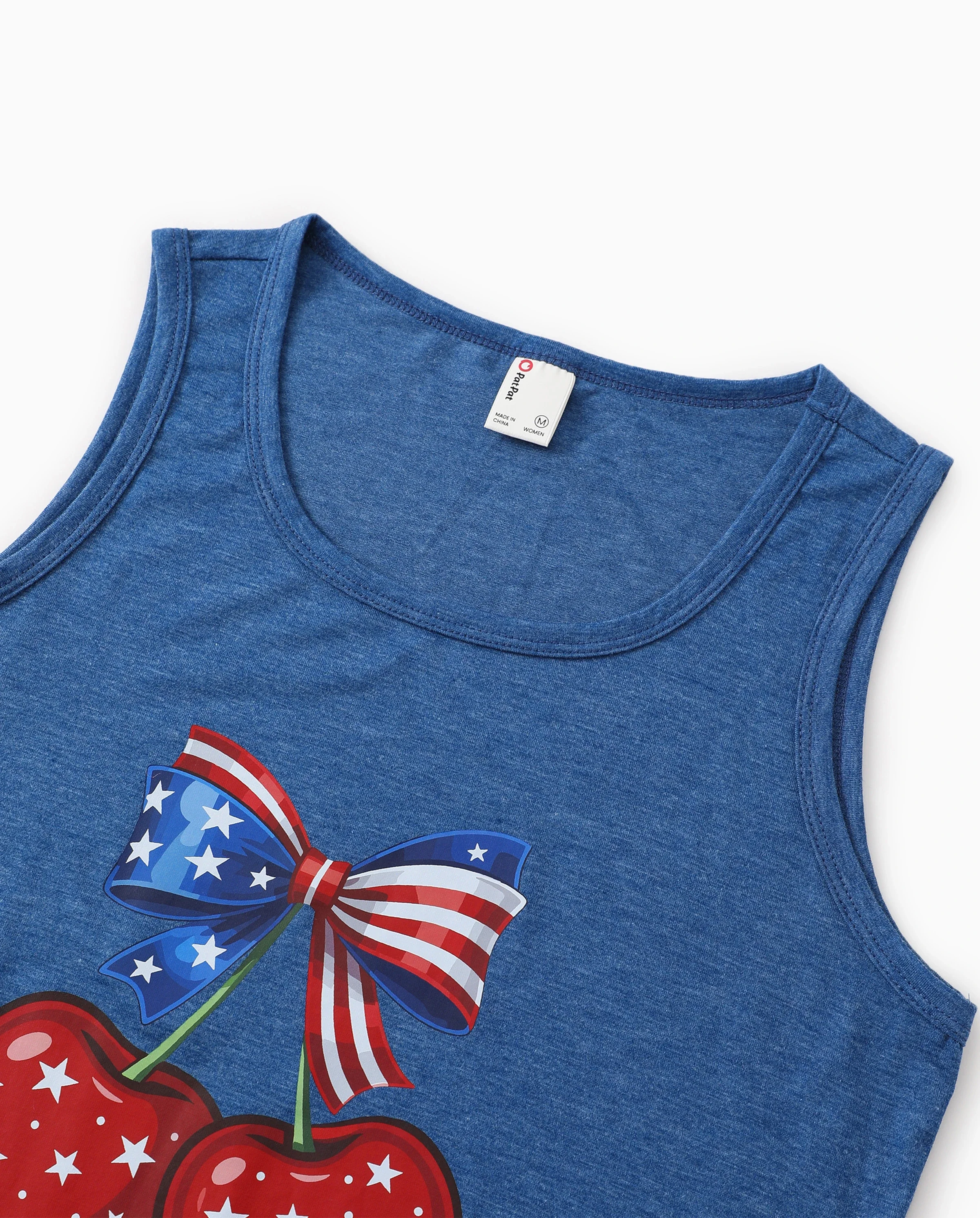 Independence Day Mommy and Me Patriotic Cherry Print Casual Sleeveless Dress Blue - Image 6