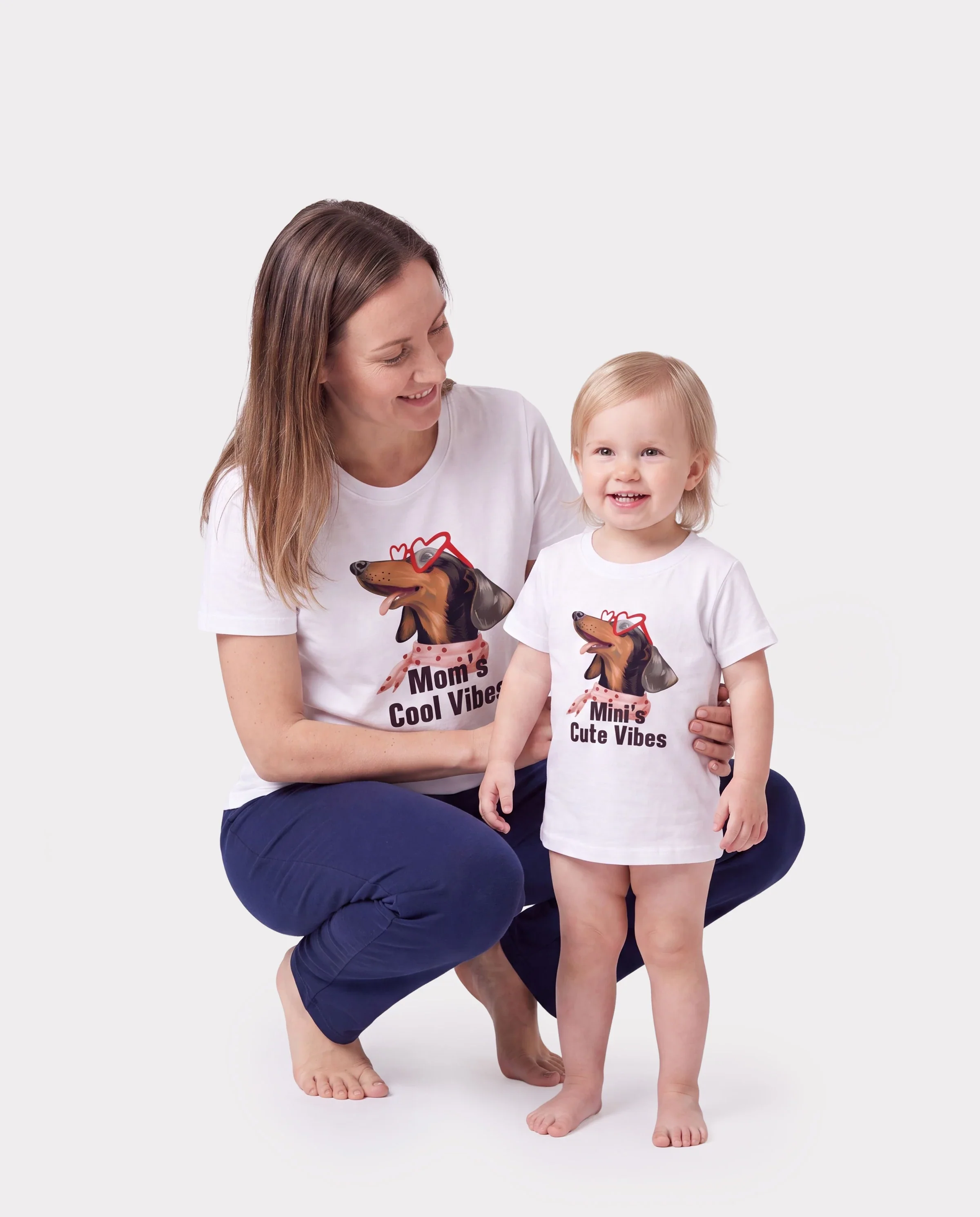 Mommy and Me Dachshund Graphic Tees "Mom's Cool Vibes" Matching Cotton Doggy Print T-Shirt White