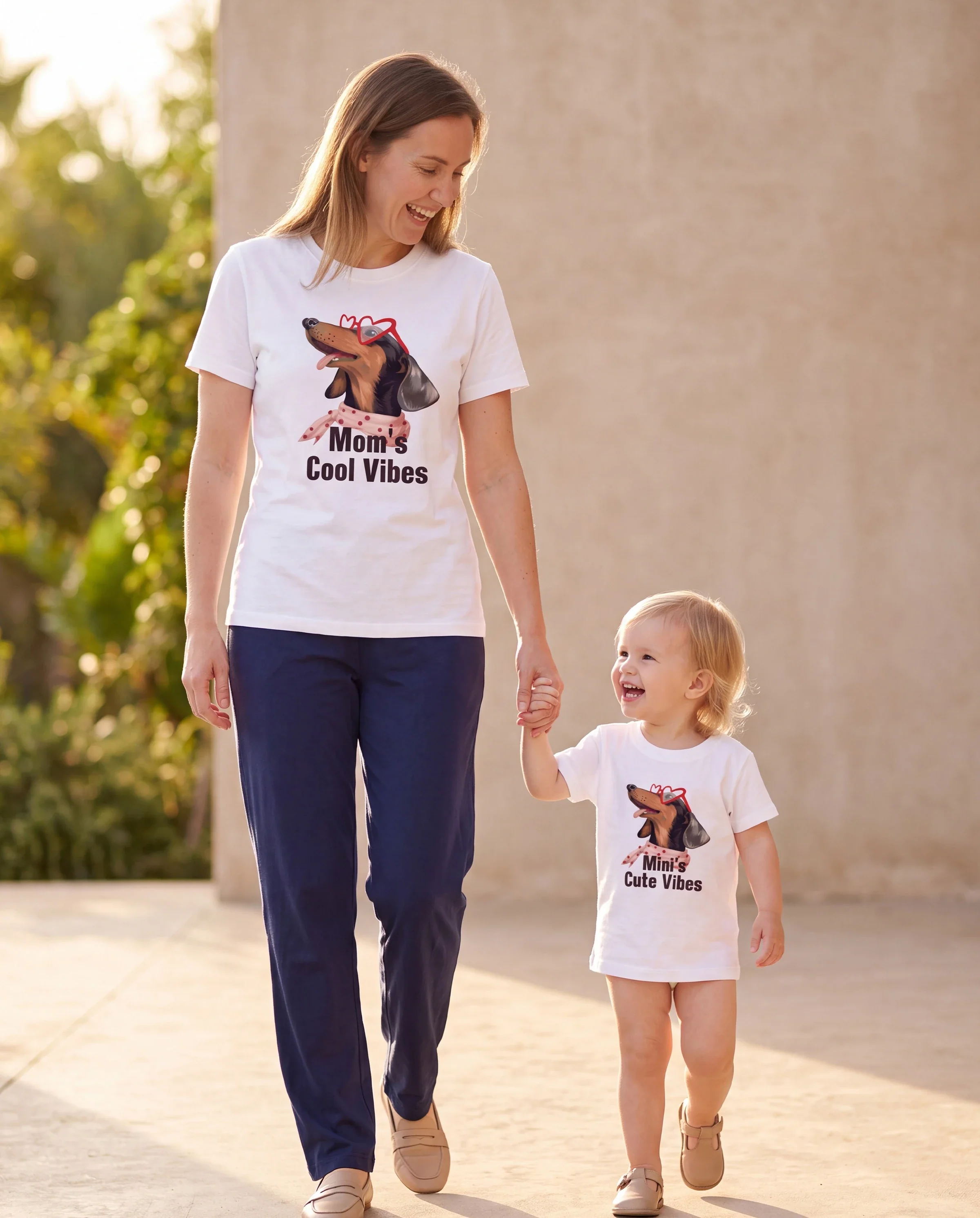 Mommy and Me Dachshund Graphic Tees "Mom's Cool Vibes" Matching Cotton Doggy Print T-Shirt White - Image 8