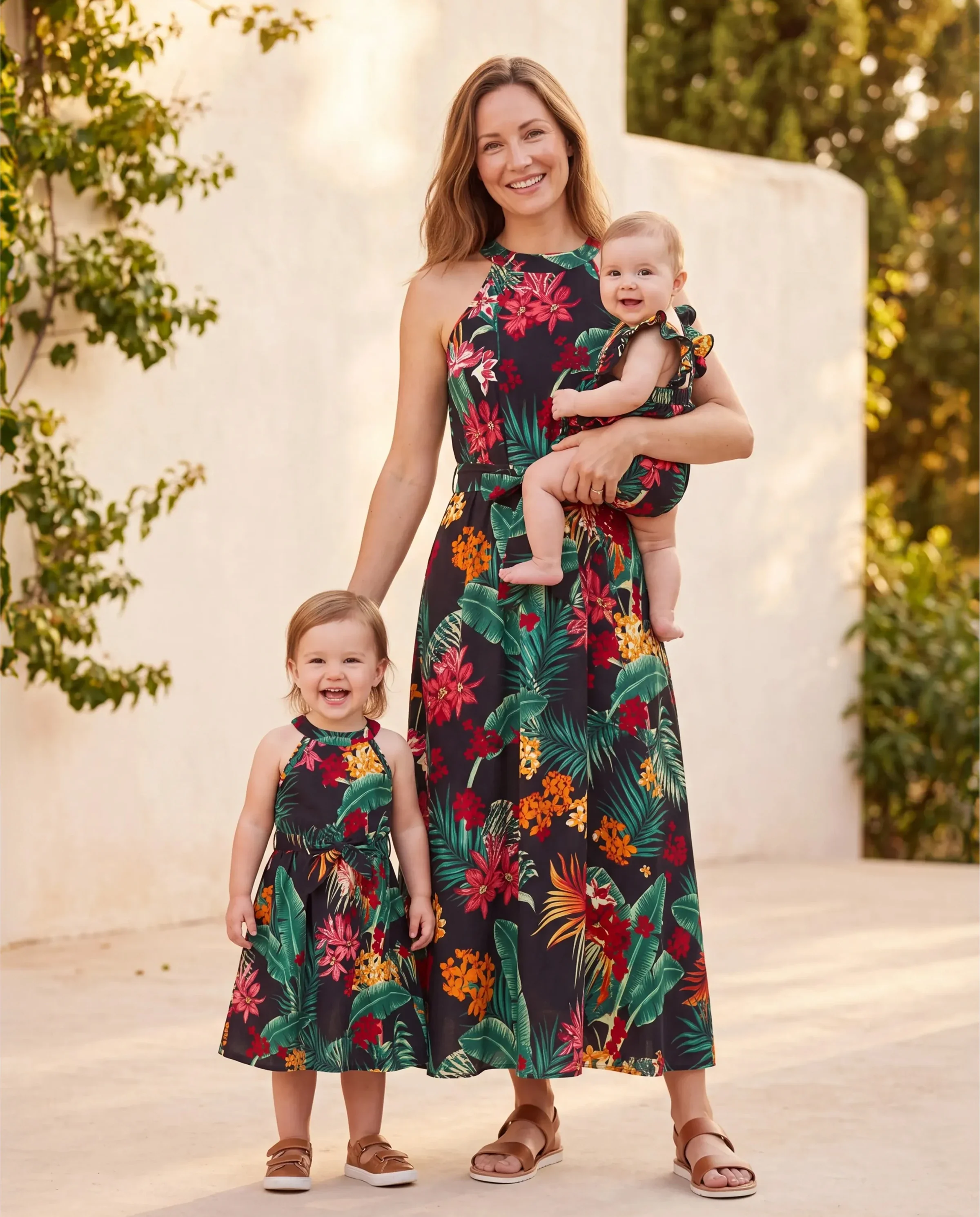 Mommy and Me Family Matching Allover Plant Floral Print Halterneck Dresses and Short-sleeve Shirts Sets Black - Image 9