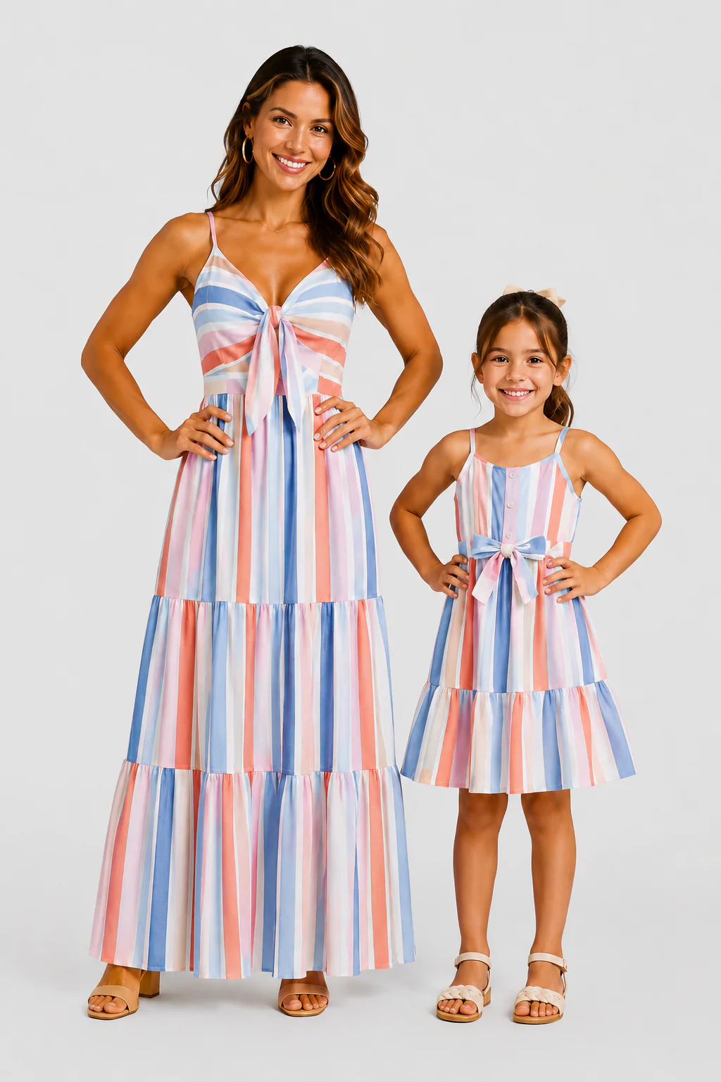 Mommy and Me Family Matching Blue Short-sleeve Tee or Colorful Stripe Camisole Dress Multi-color