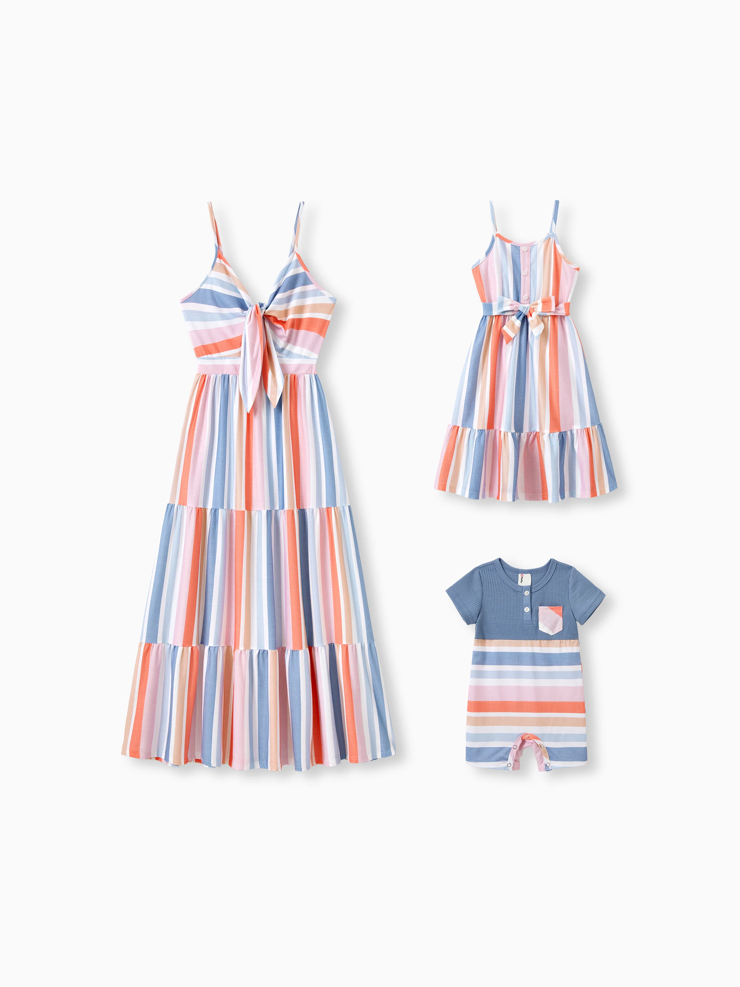 Mommy and Me Family Matching Blue Short-sleeve Tee or Colorful Stripe Camisole Dress Multi-color - Image 2