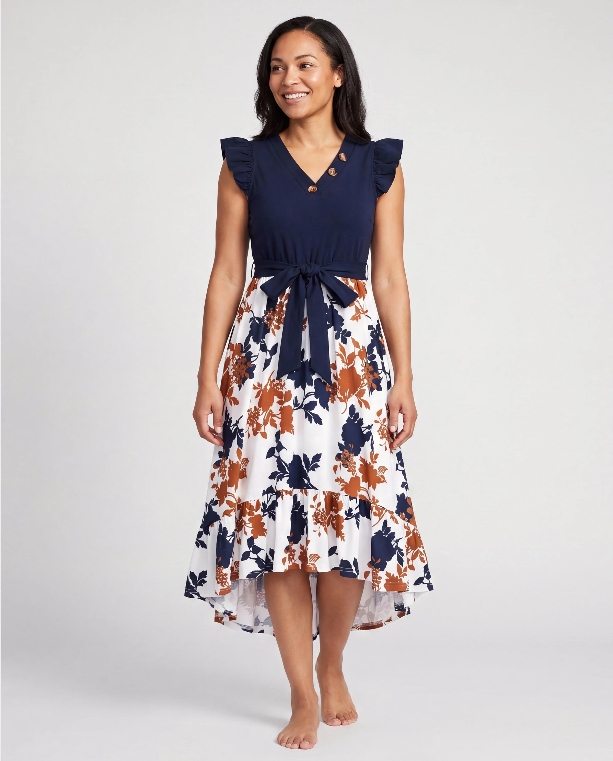 Mommy and Me Family Matching Casual Dress Solid Color, Fabric Stitching royalblue - Image 2