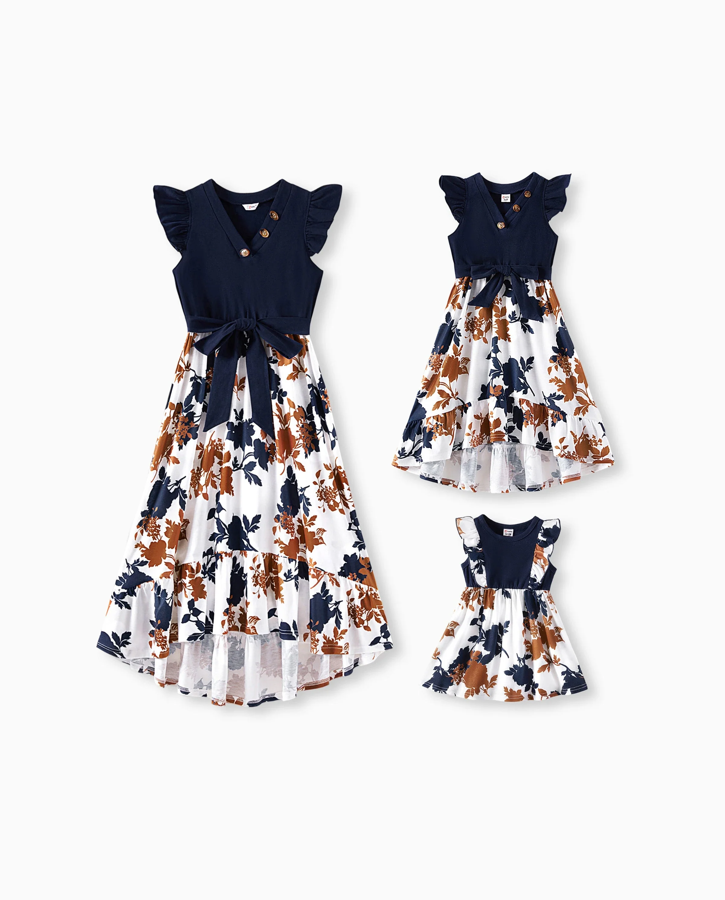Mommy and Me Family Matching Casual Dress Solid Color, Fabric Stitching royalblue - Image 8