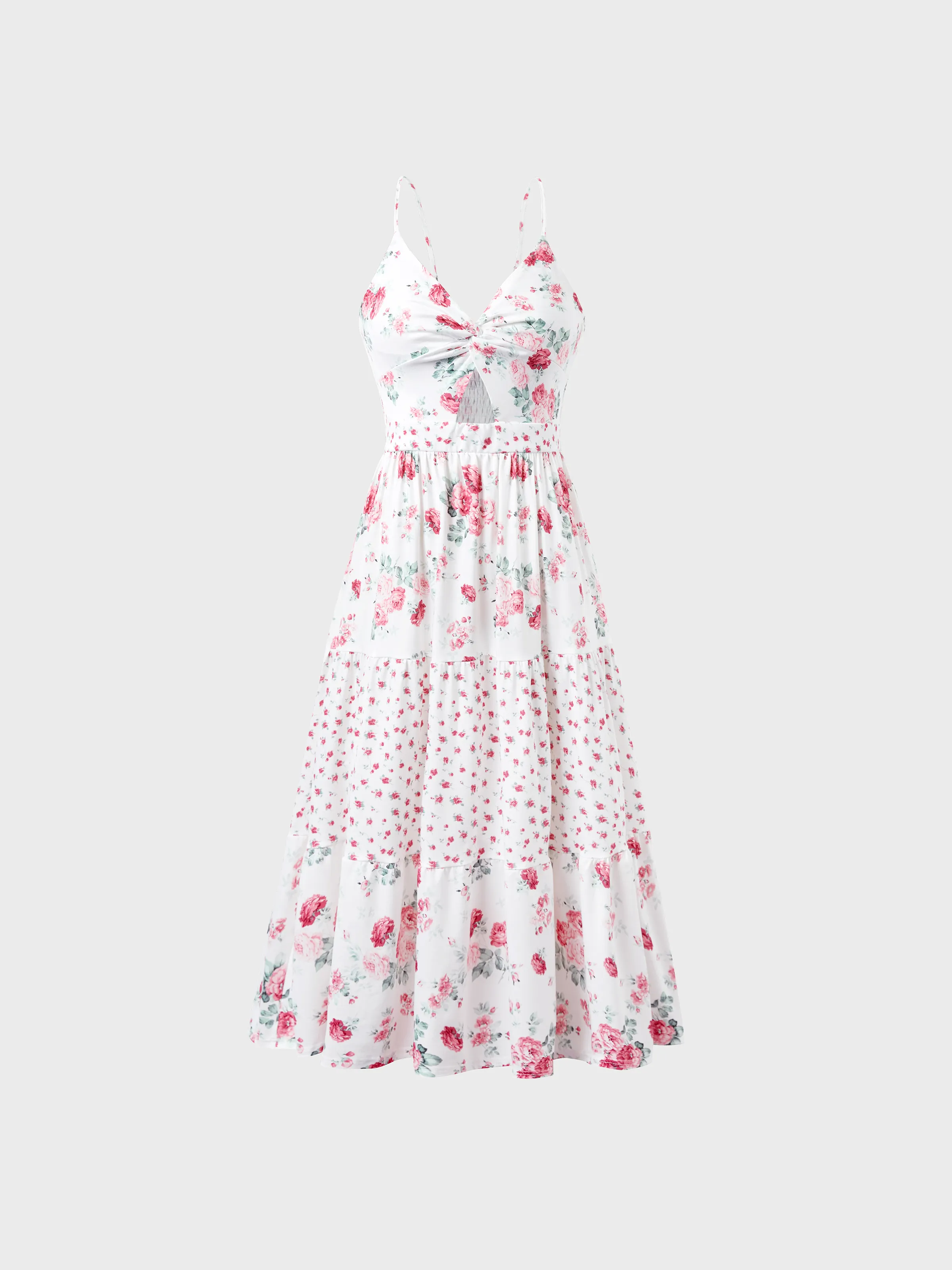Mommy and Me Family Matching Outfits Set Solid Color Short-sleeve Polo Collar Shirt or Flower Print Hollow out Dress Pink - Image 5