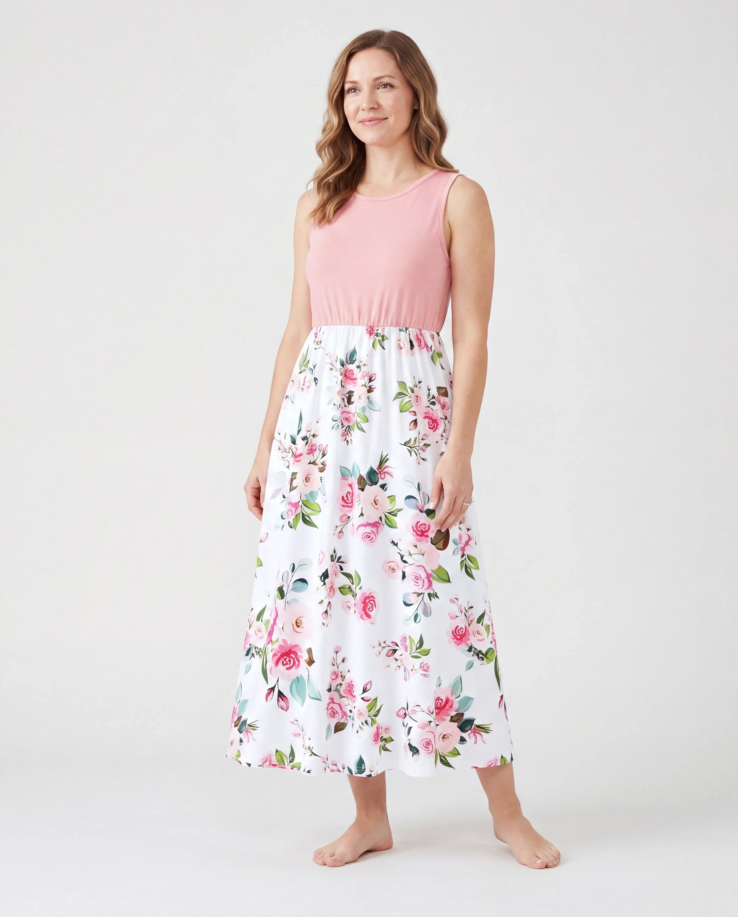 Mommy and Me Family Matching Pink Sleeveless Splicing Floral Print Midi Dresses and Colorblock Short-sleeve Polo Shirts Sets Pink - Image 2