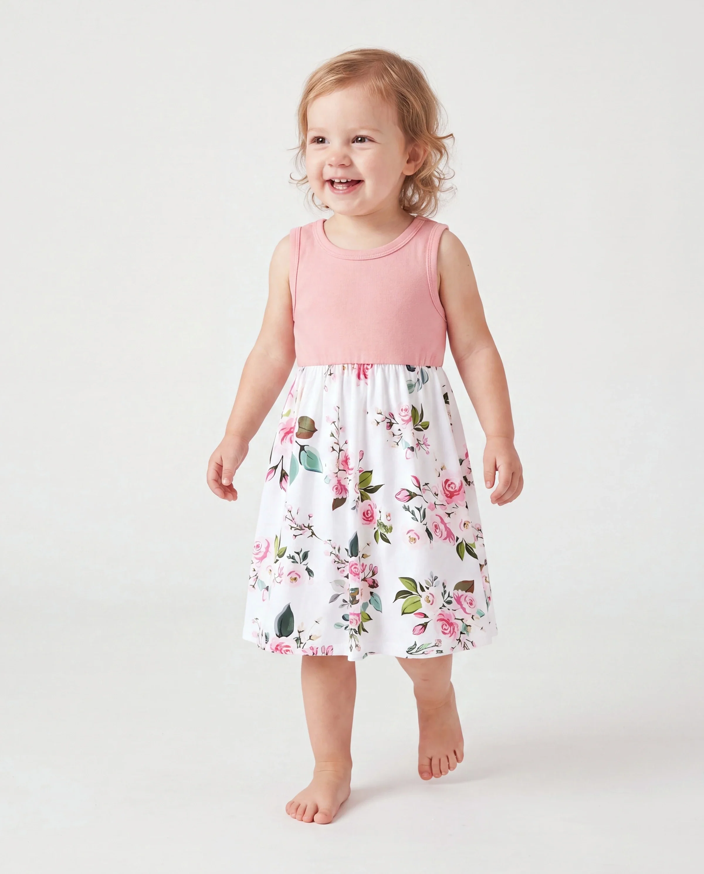 Mommy and Me Family Matching Pink Sleeveless Splicing Floral Print Midi Dresses and Colorblock Short-sleeve Polo Shirts Sets Pink - Image 3