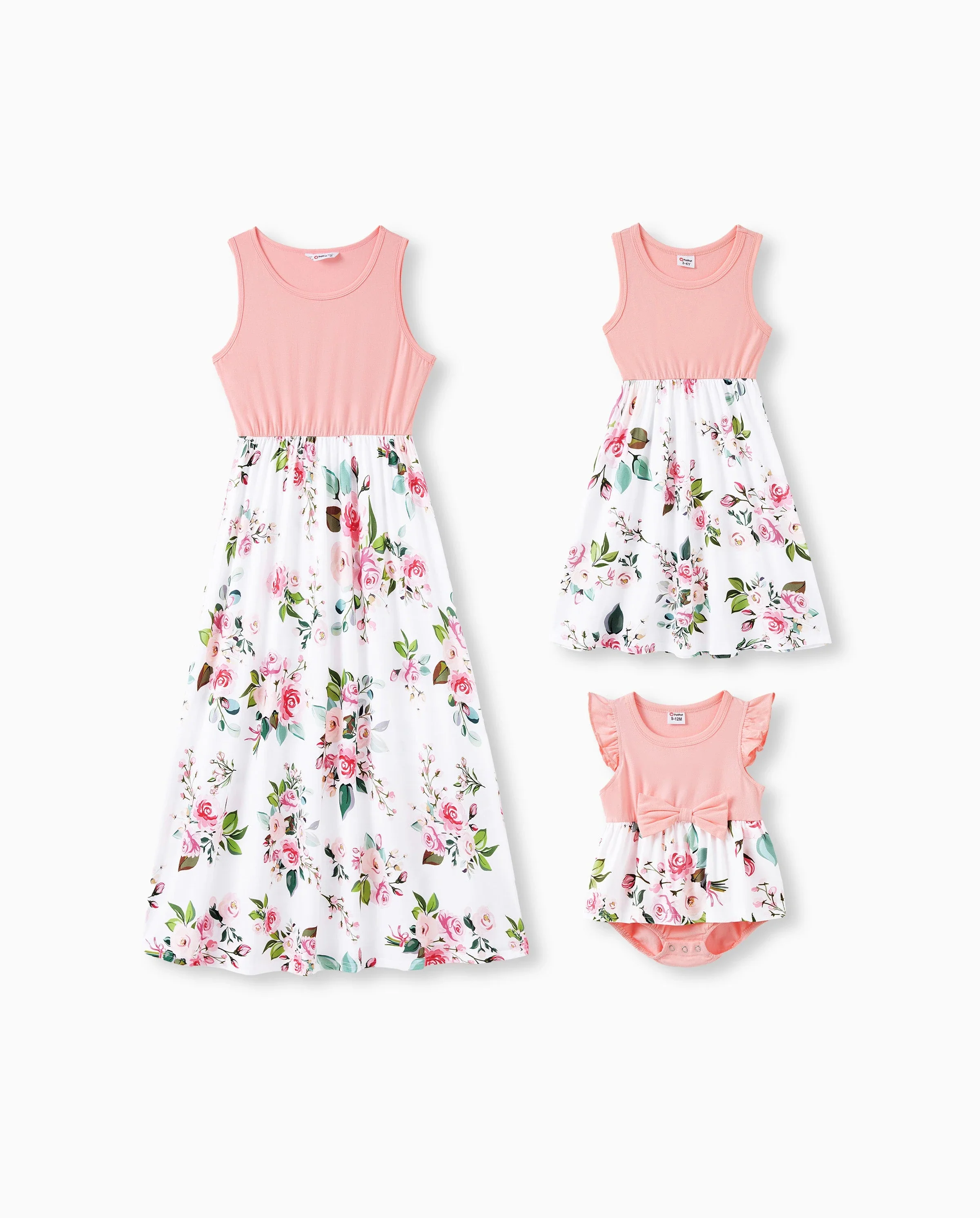 Mommy and Me Family Matching Pink Sleeveless Splicing Floral Print Midi Dresses and Colorblock Short-sleeve Polo Shirts Sets Pink - Image 8