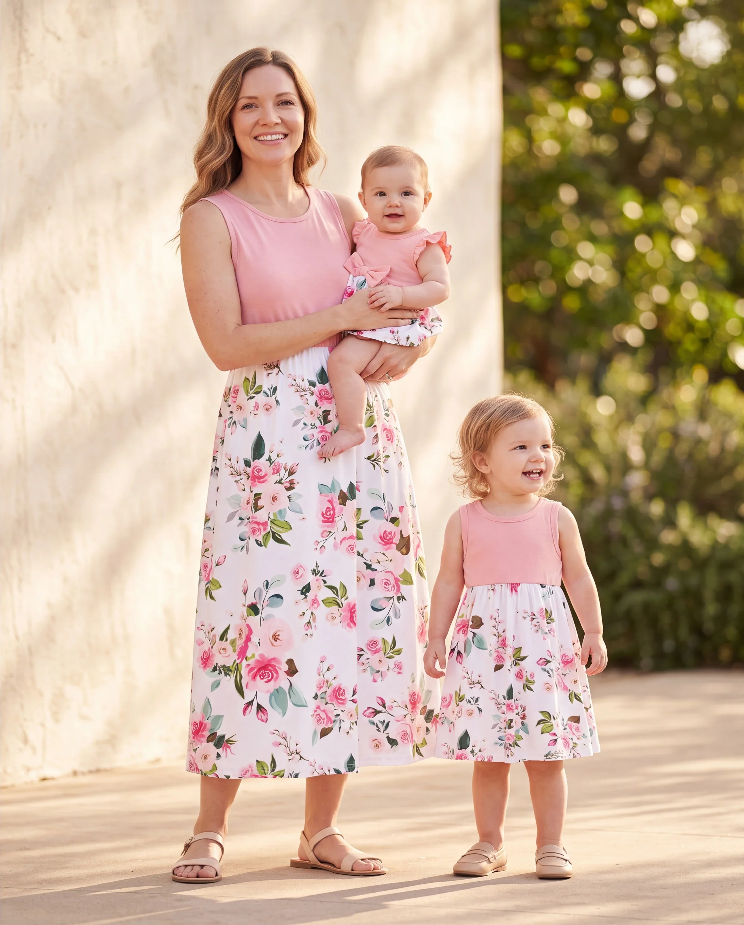 Mommy and Me Family Matching Pink Sleeveless Splicing Floral Print Midi Dresses and Colorblock Short-sleeve Polo Shirts Sets Pink - Image 9