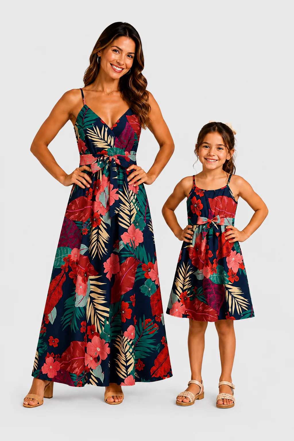 Mommy and Me Family Matching Sets Floral Panel Black tee and V-neck Strap Dress with Hidden Snap Deep Blue