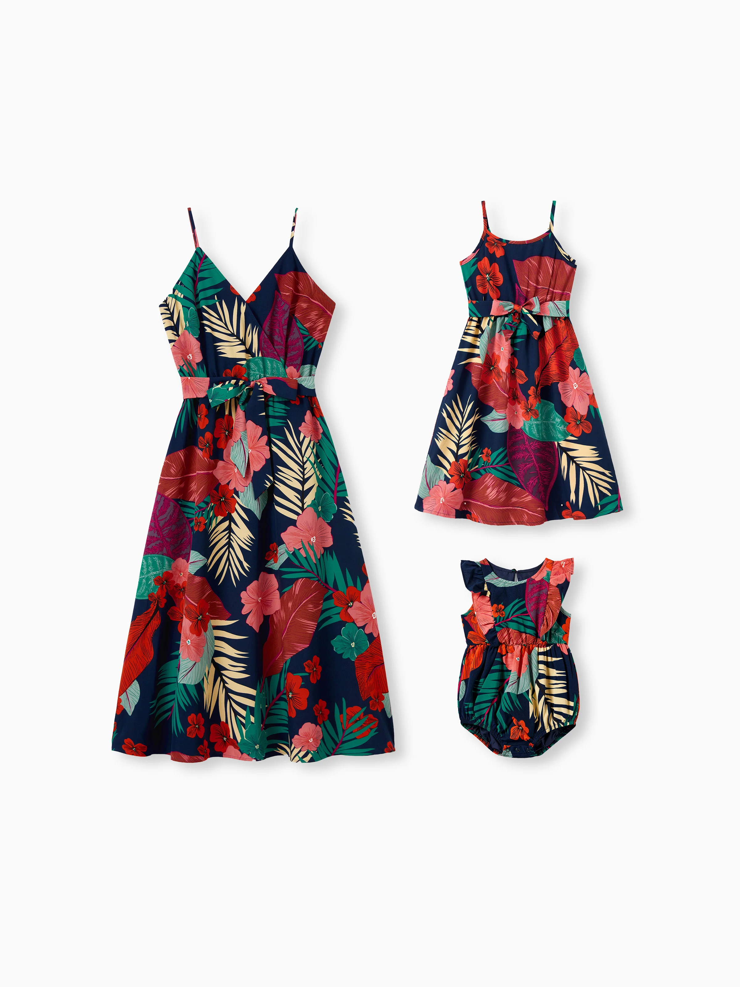 Mommy and Me Family Matching Sets Floral Panel Black tee and V-neck Strap Dress with Hidden Snap Deep Blue - Image 2