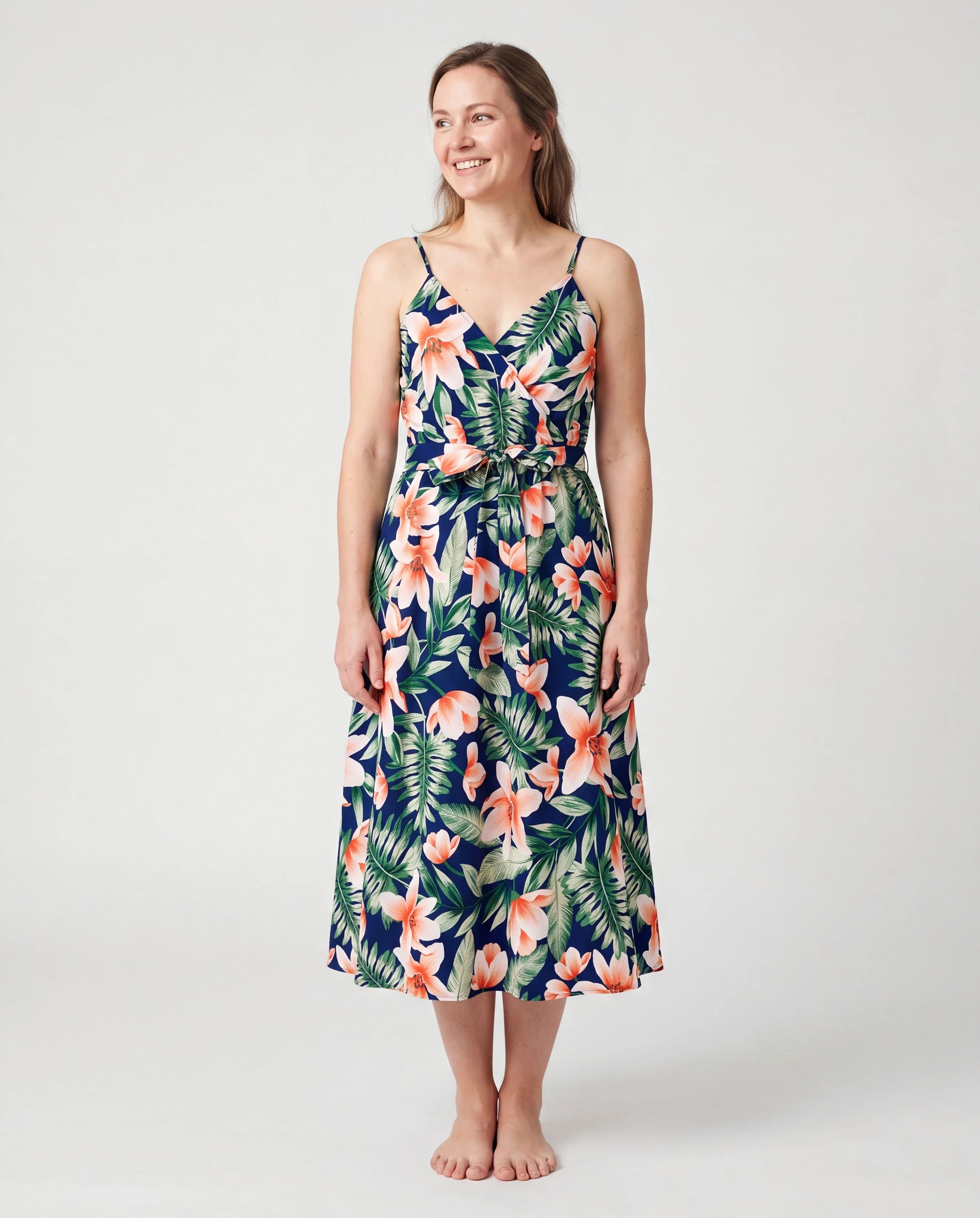 Mommy and Me Family Matching Sets Floral Panel Short-sleeve T-shirts or All Over Floral Print V Neck Spaghetti Strap Midi Dresses with Hidden Snap royalblue - Image 2