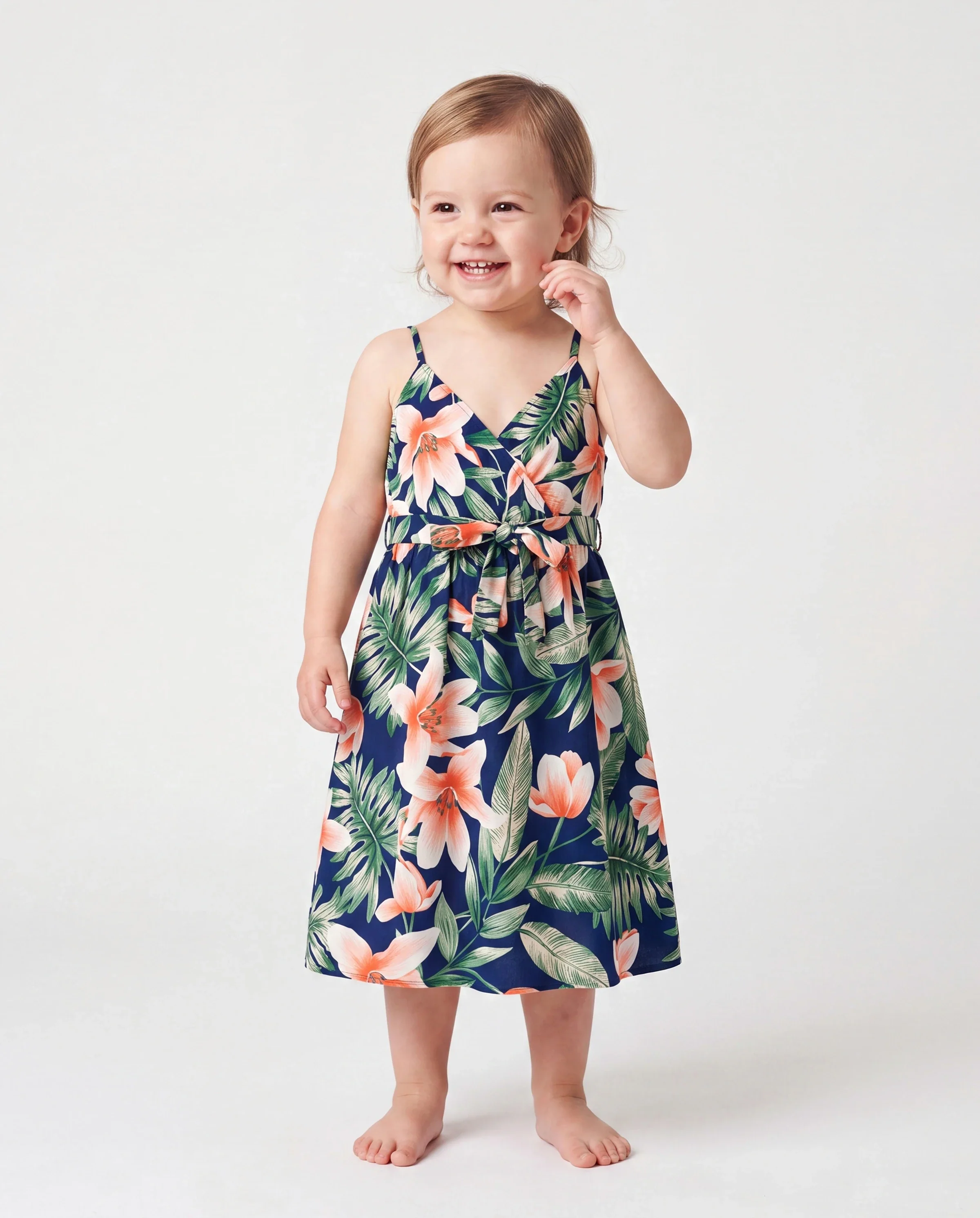 Mommy and Me Family Matching Sets Floral Panel Short-sleeve T-shirts or All Over Floral Print V Neck Spaghetti Strap Midi Dresses with Hidden Snap royalblue - Image 3