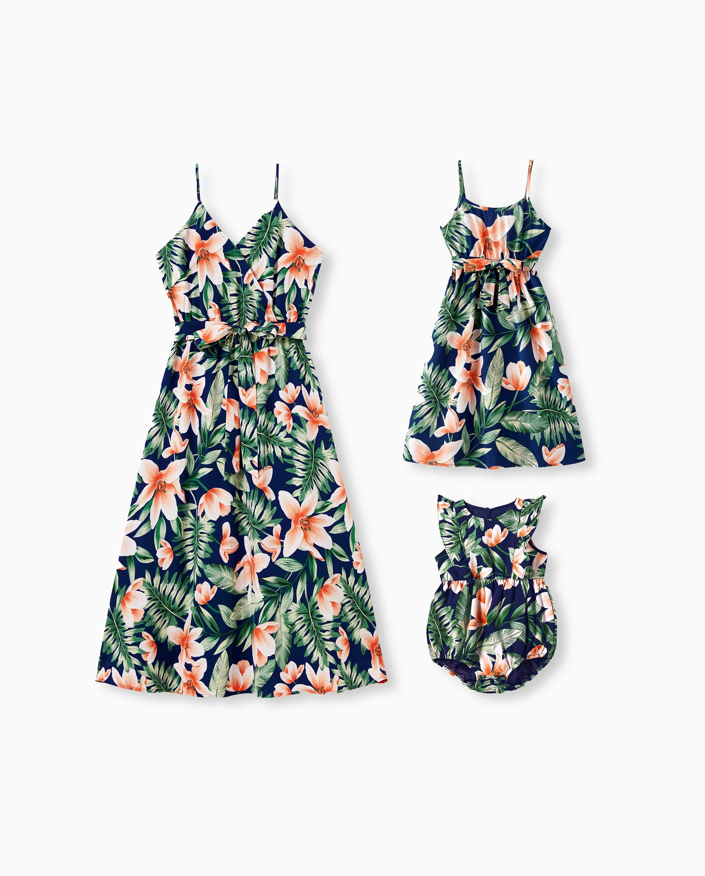 Mommy and Me Family Matching Sets Floral Panel Short-sleeve T-shirts or All Over Floral Print V Neck Spaghetti Strap Midi Dresses with Hidden Snap royalblue - Image 8