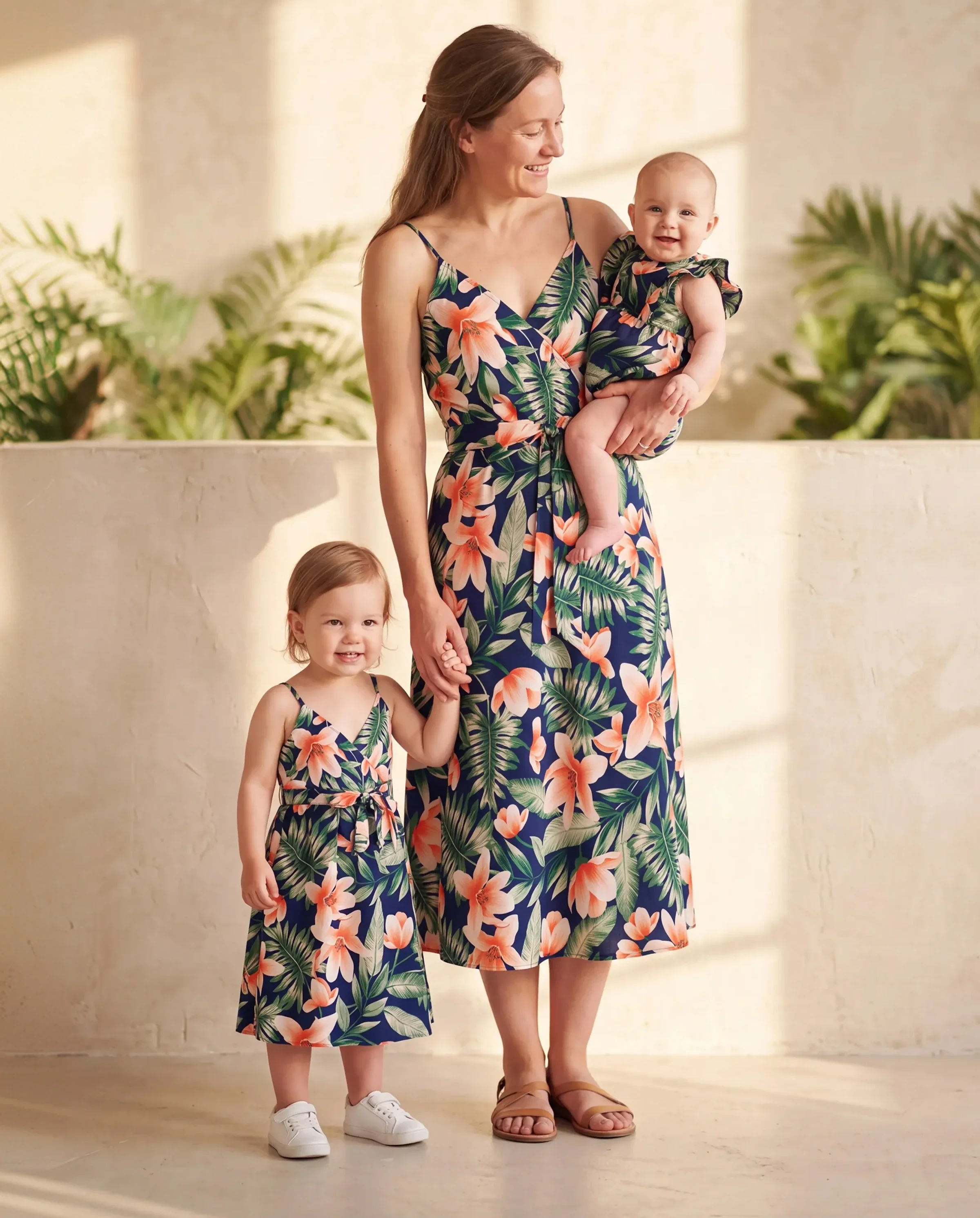 Mommy and Me Family Matching Sets Floral Panel Short-sleeve T-shirts or All Over Floral Print V Neck Spaghetti Strap Midi Dresses with Hidden Snap royalblue - Image 9