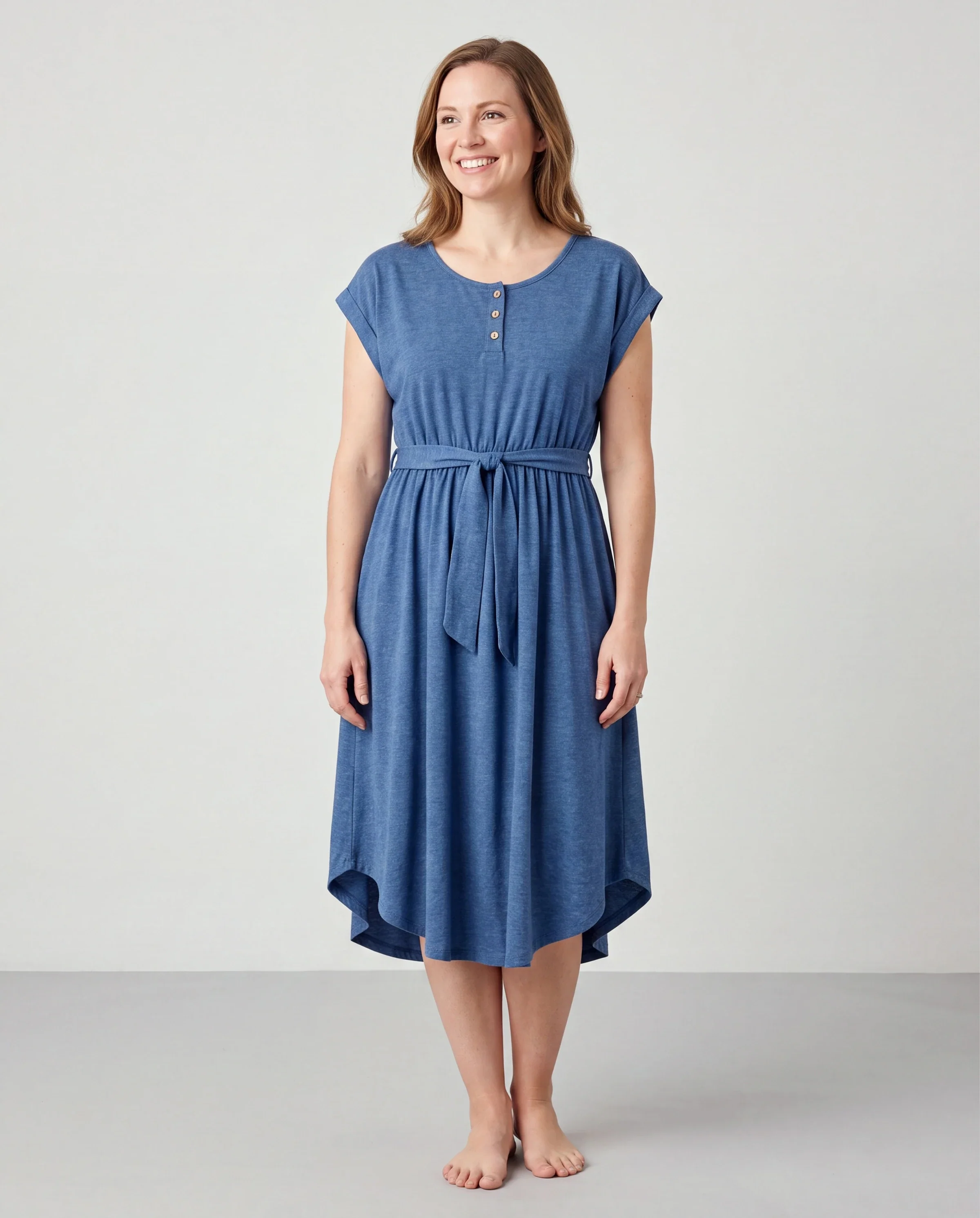 Mommy and Me Family Matching Soft Casual Outfit with Below Knee Dresses, Front Buttons, Belted Design Blue - Image 2