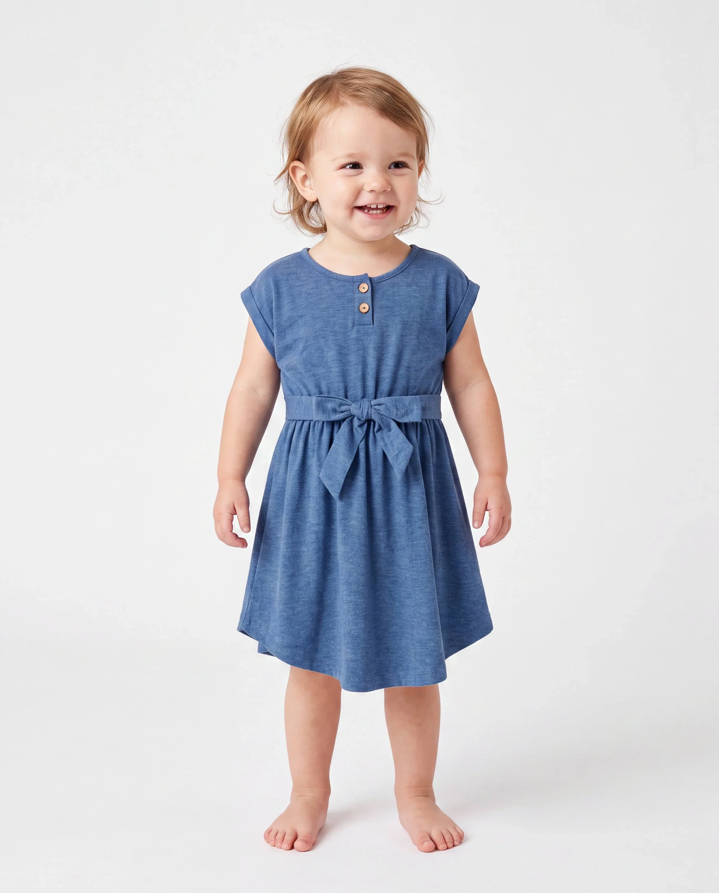 Mommy and Me Family Matching Soft Casual Outfit with Below Knee Dresses, Front Buttons, Belted Design Blue - Image 3