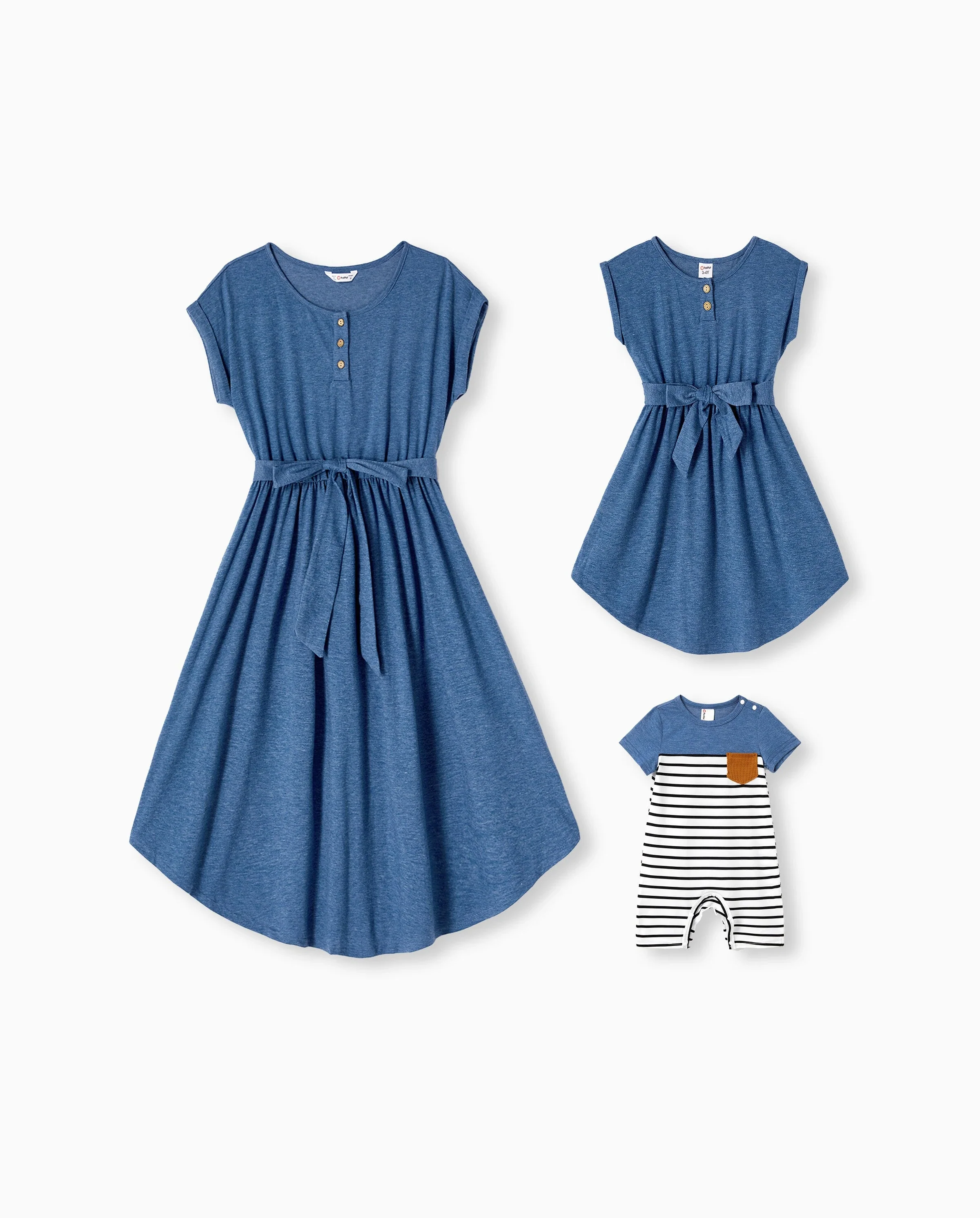 Mommy and Me Family Matching Soft Casual Outfit with Below Knee Dresses, Front Buttons, Belted Design Blue - Image 8