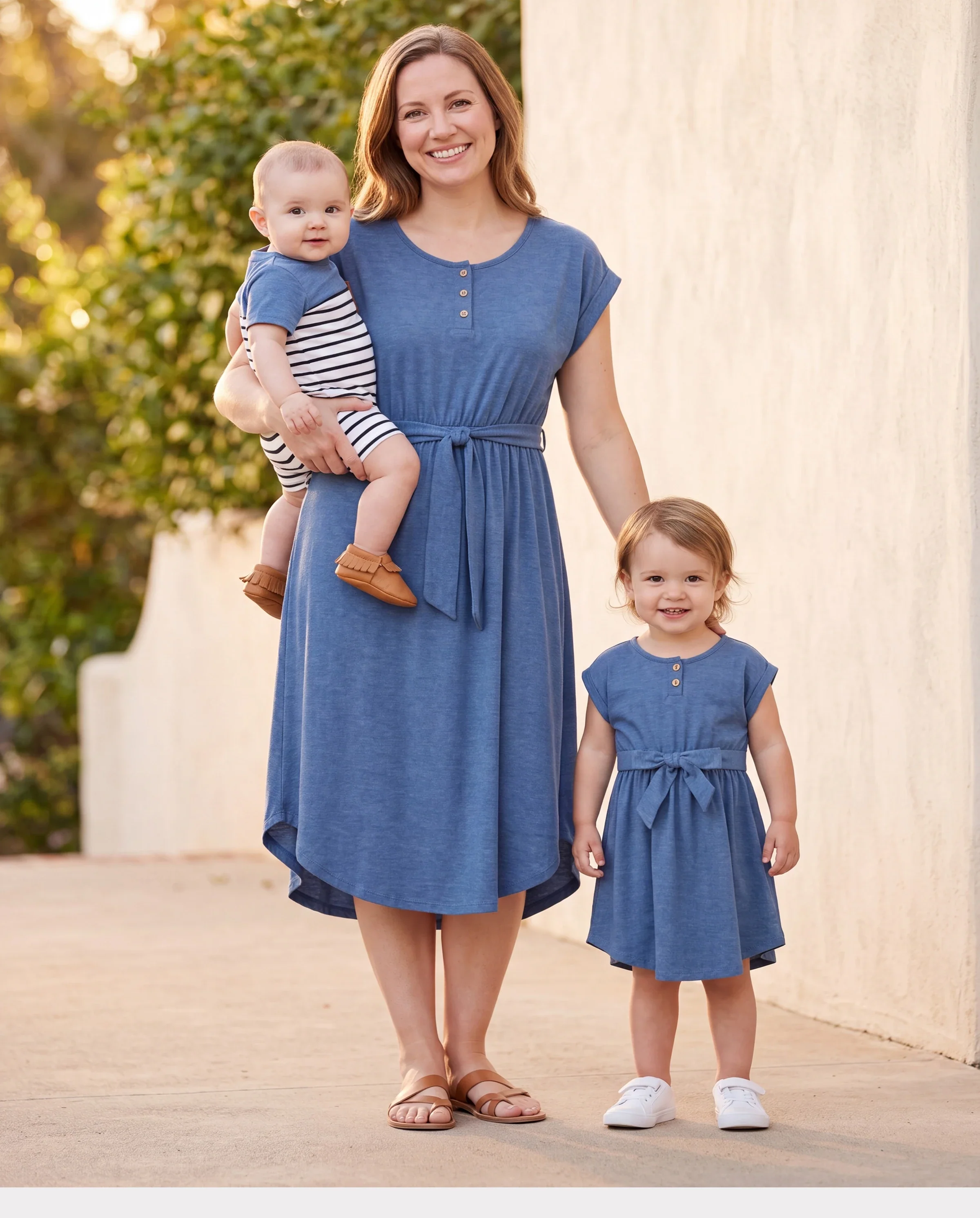 Mommy and Me Family Matching Soft Casual Outfit with Below Knee Dresses, Front Buttons, Belted Design Blue - Image 9