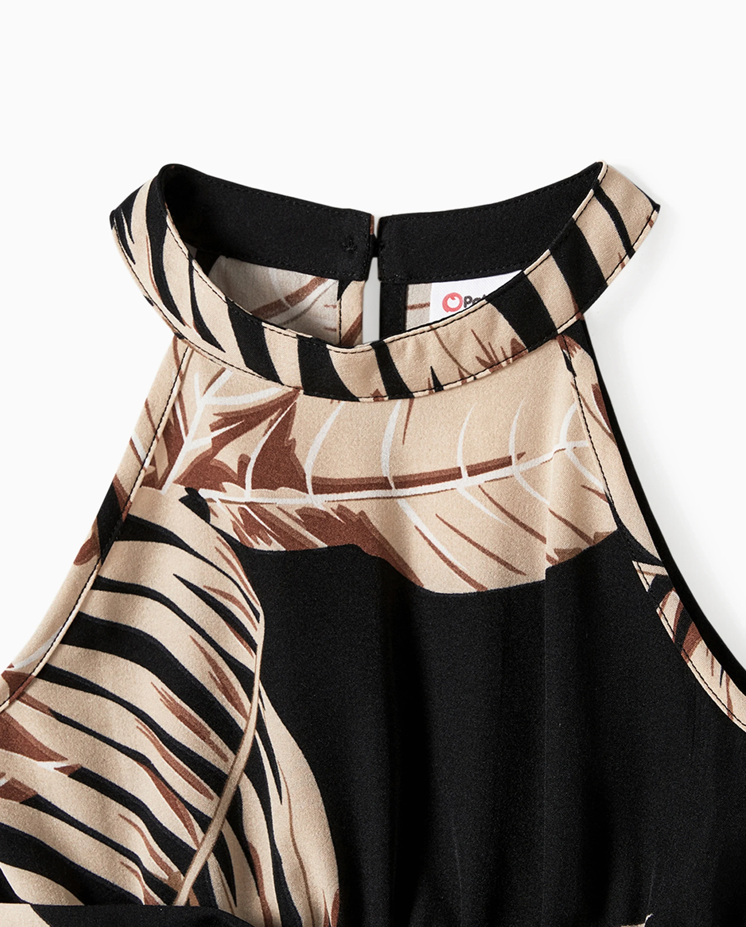 Mommy and Me Family Matching Solid Leaf Sleeveless Halter Dresses And Short Sleeve Tops Sets Black - Image 6