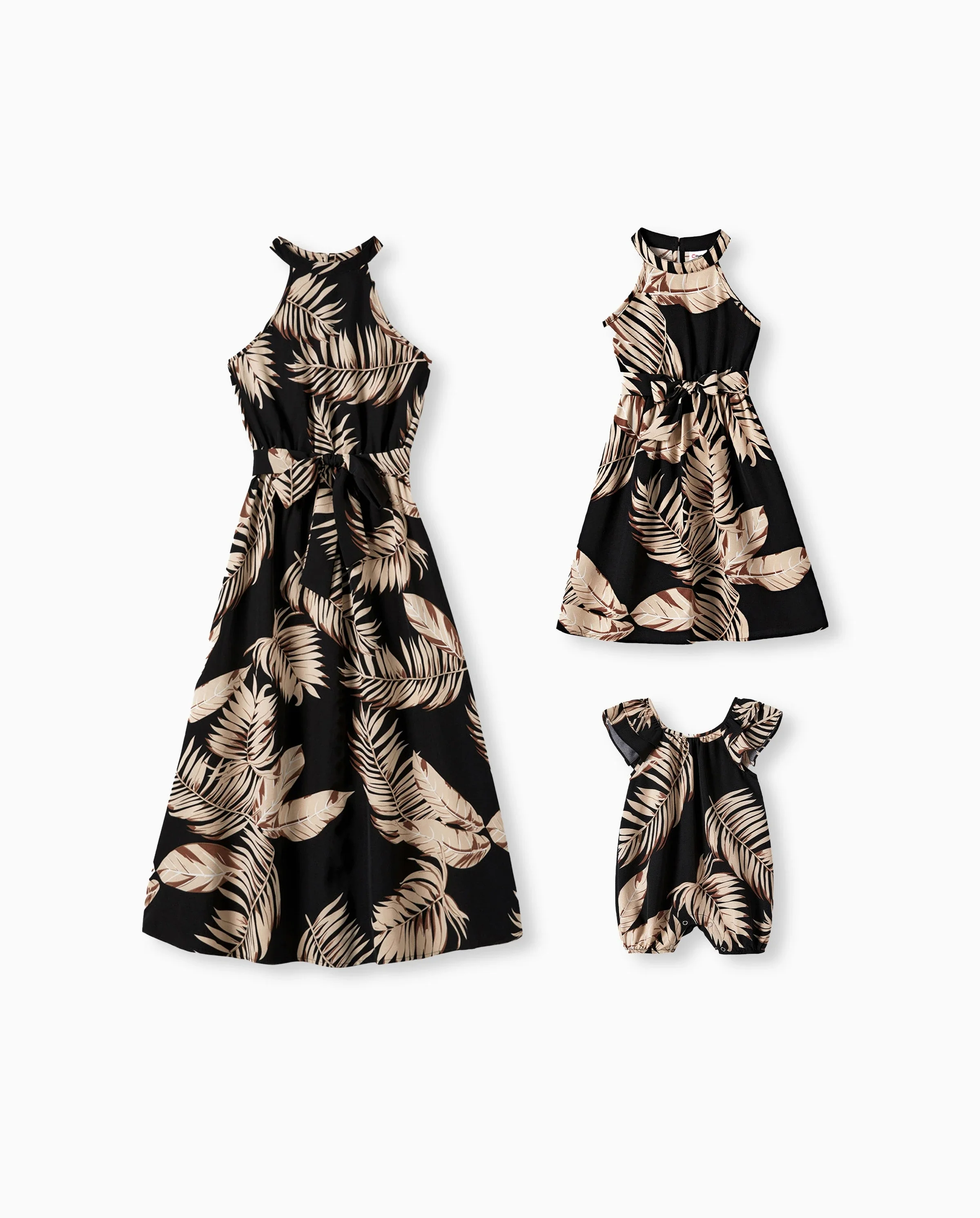 Mommy and Me Family Matching Solid Leaf Sleeveless Halter Dresses And Short Sleeve Tops Sets Black - Image 8